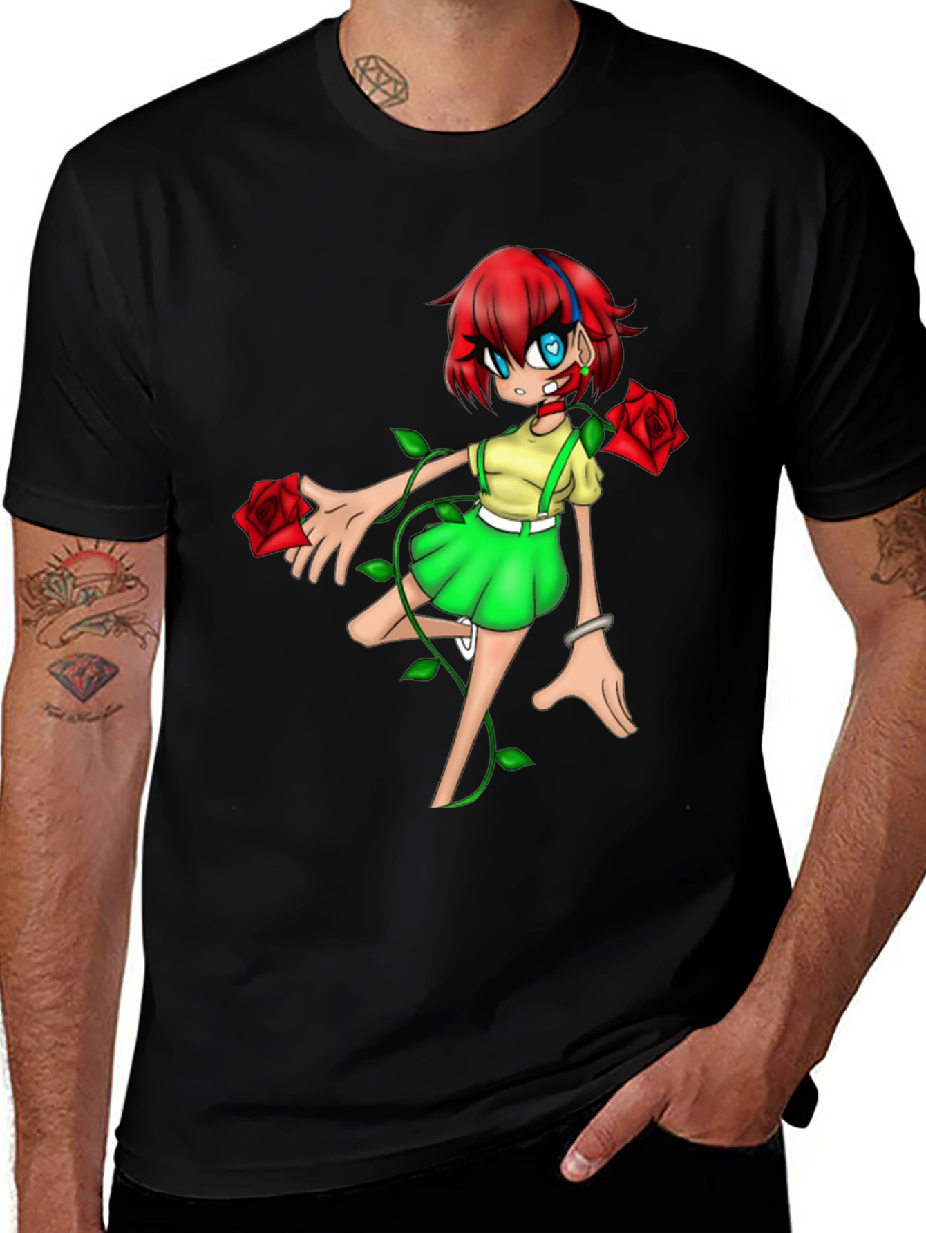 Variant 27 of Anime Girl Rose Graphic Black T-Shirt