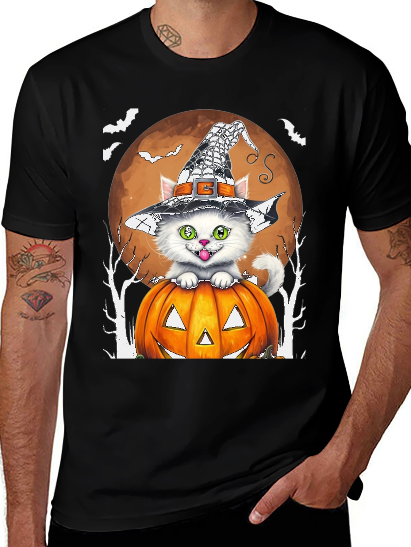 Halloween Cat T-Shirt - Witch Hat & Pumpkin