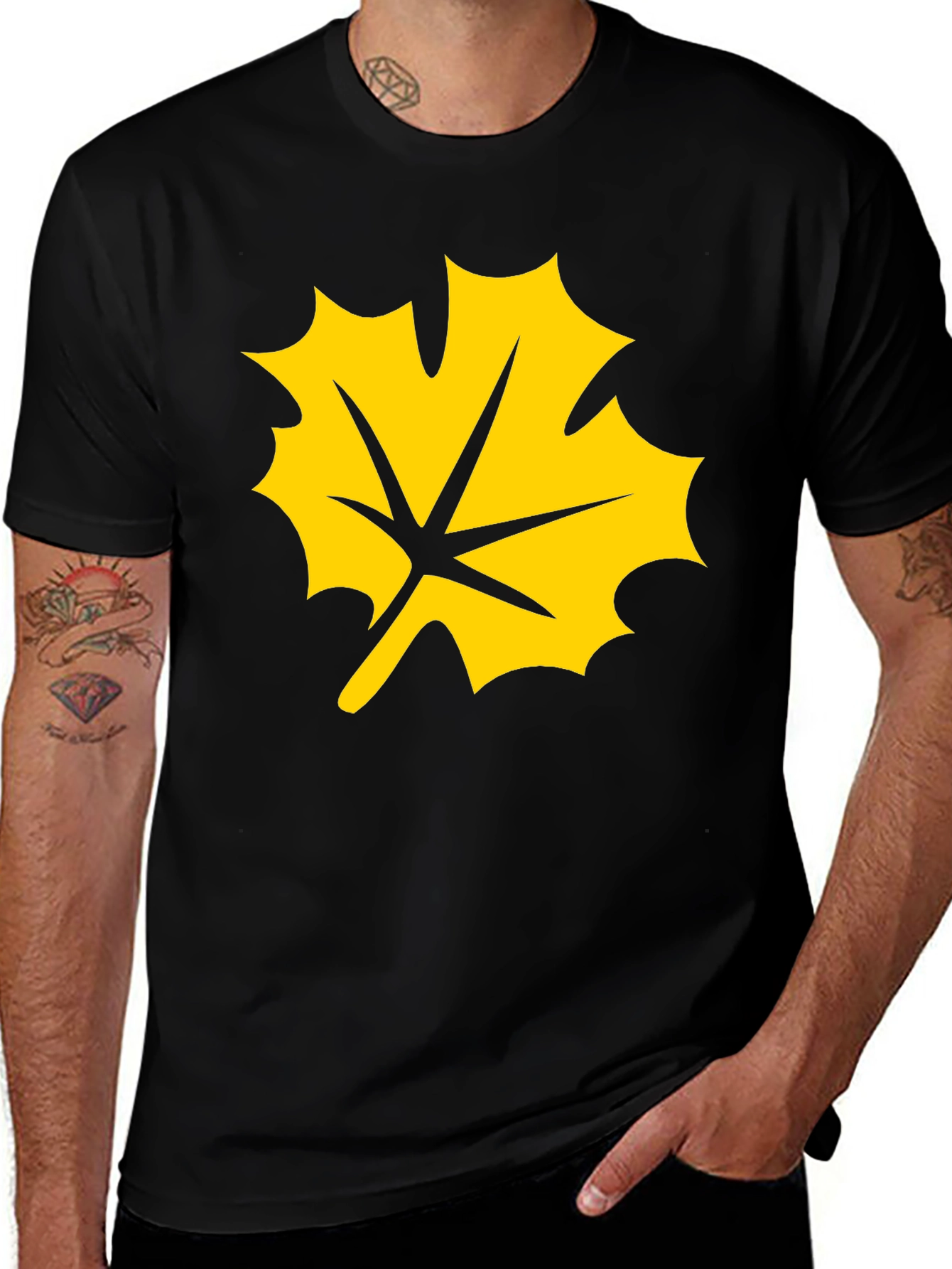 Variant 15 of Black T-Shirt with Yellow Maple Leaf Graphic