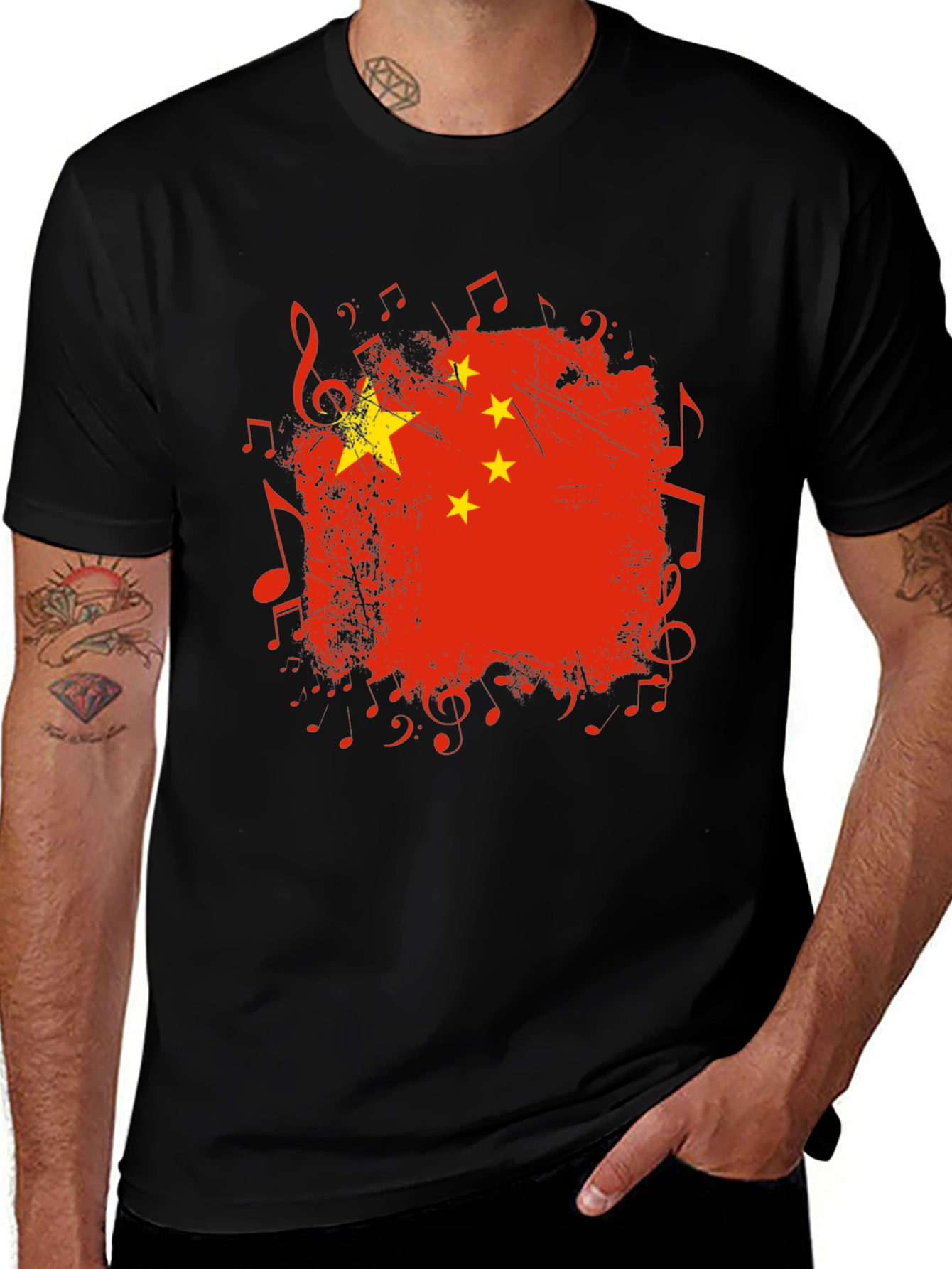 China Flag Music Notes Black T-Shirt