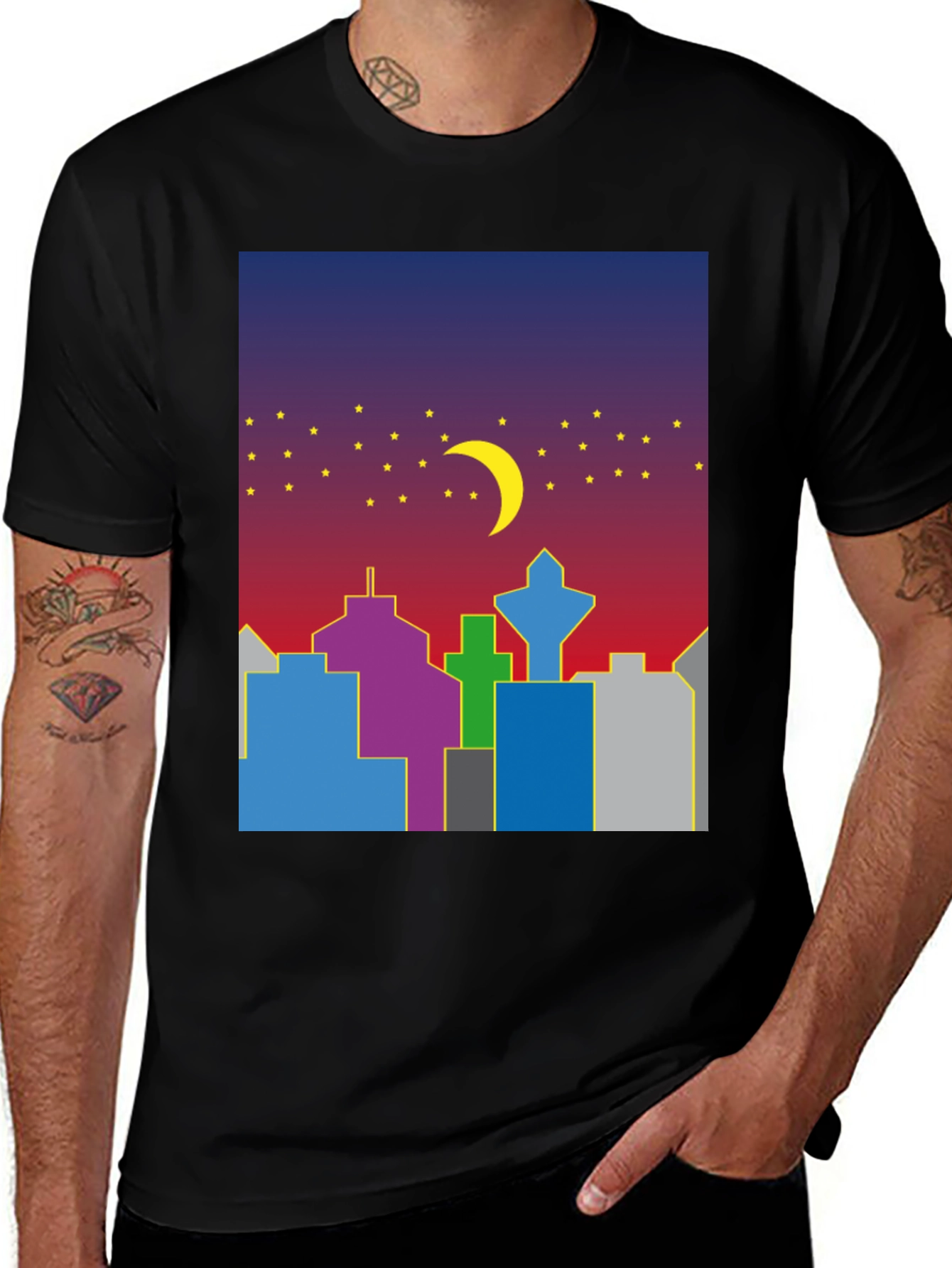 Cityscape Moon Graphic Tee - Cool Night Sky Design