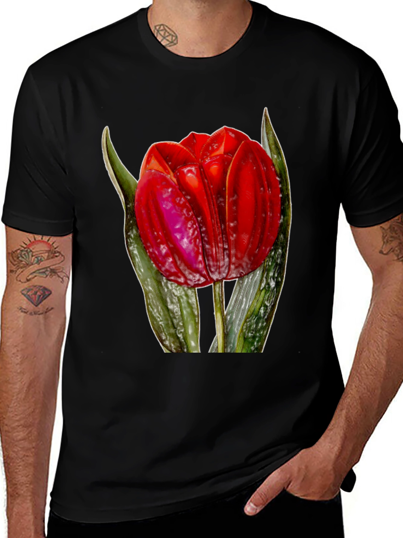 Variant 11 of Red Tulip Flower Graphic Print Black T-Shirt
