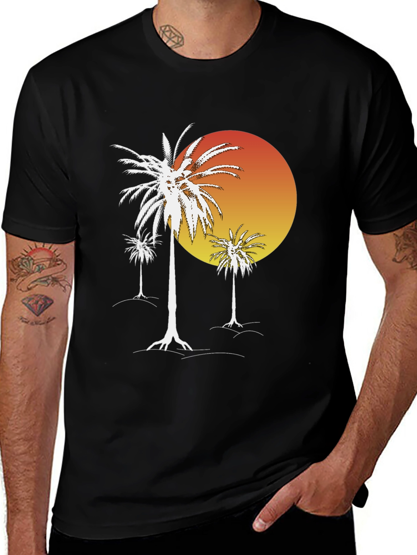 Sunset Palm Tree Graphic T-Shirt - Black