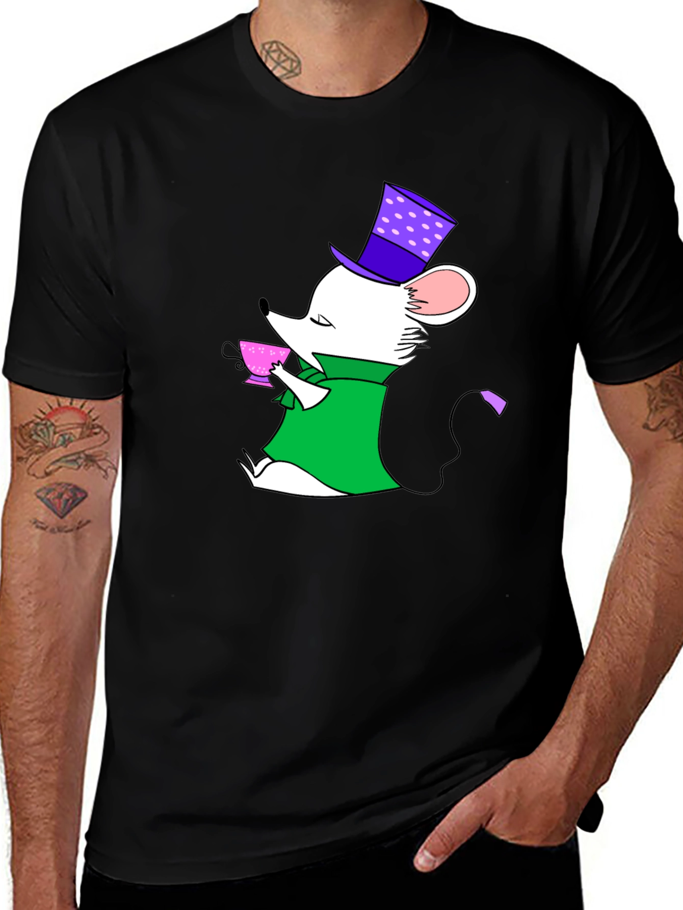 Variant 25 of Whimsical Mouse Tea Party Black T-Shirt