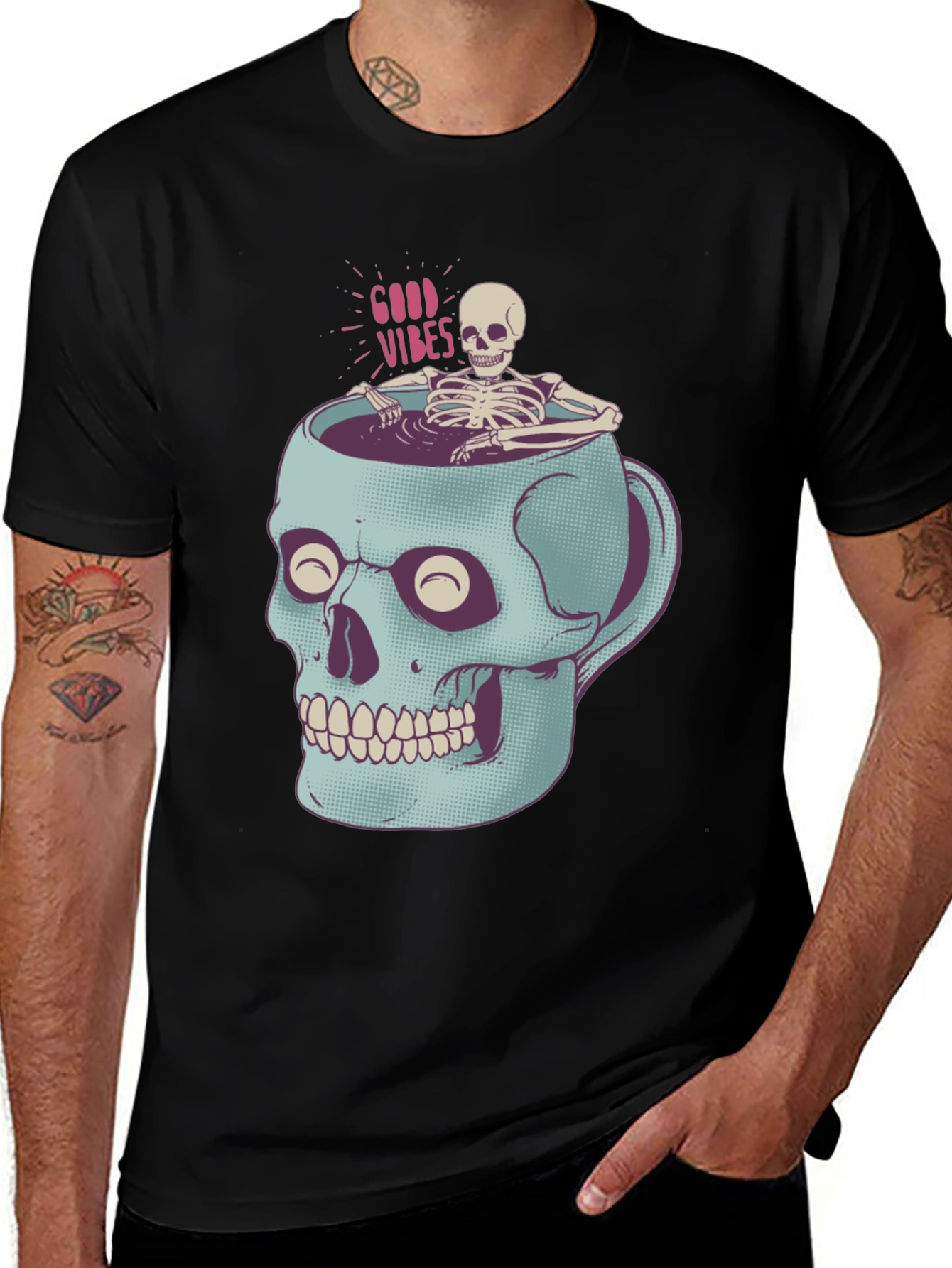 Variant 18 of Skull Mug Skeleton Graphic Tee - Good Vibes Black T-Shirt