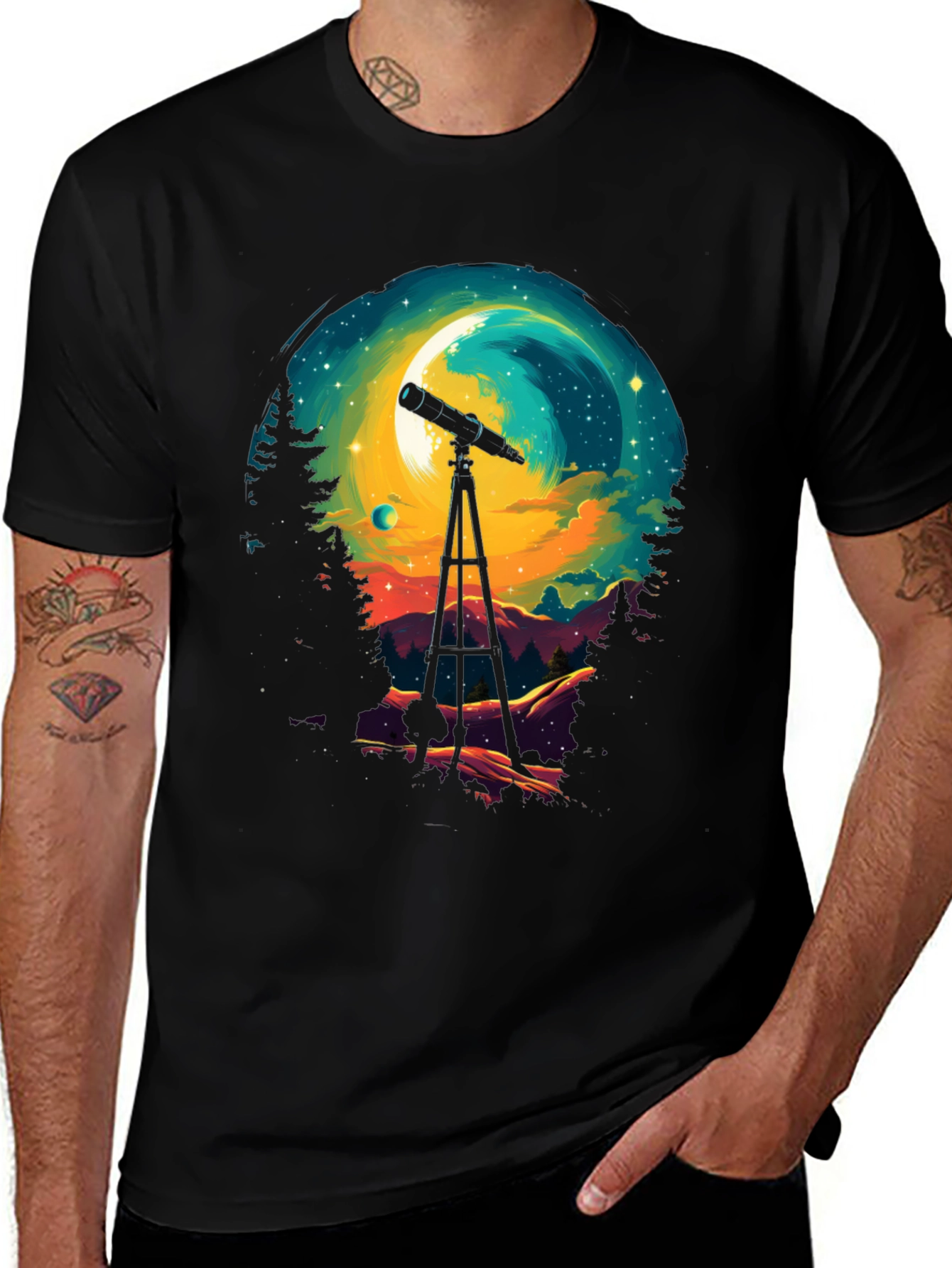 Black Astronomy Night Sky Telescope Graphic T-Shirt main image