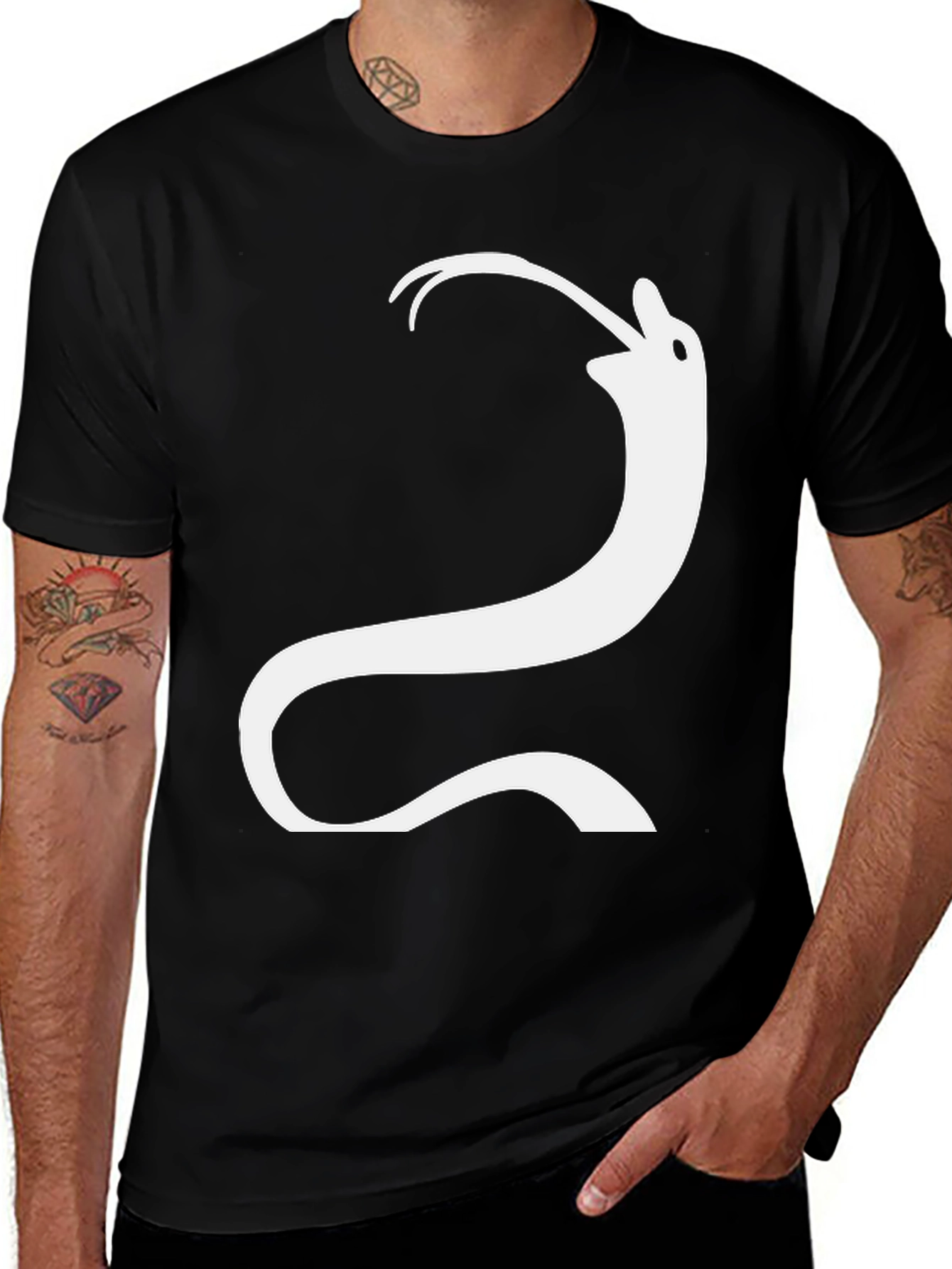 Black Tee with Abstract White Worm Graphic