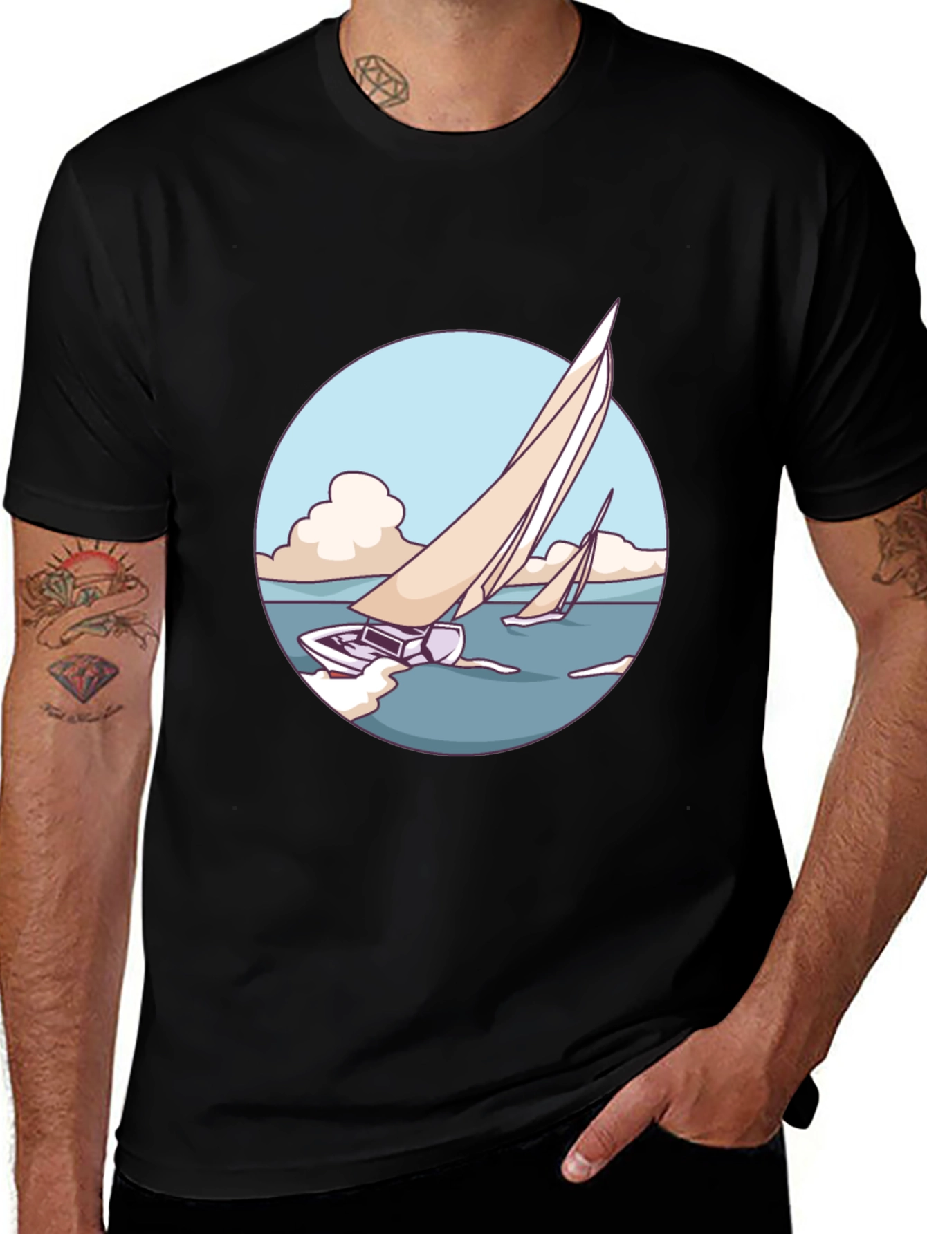 Variant 8 of Sailboat Graphic Tee - Black Cotton Blend T-Shirt