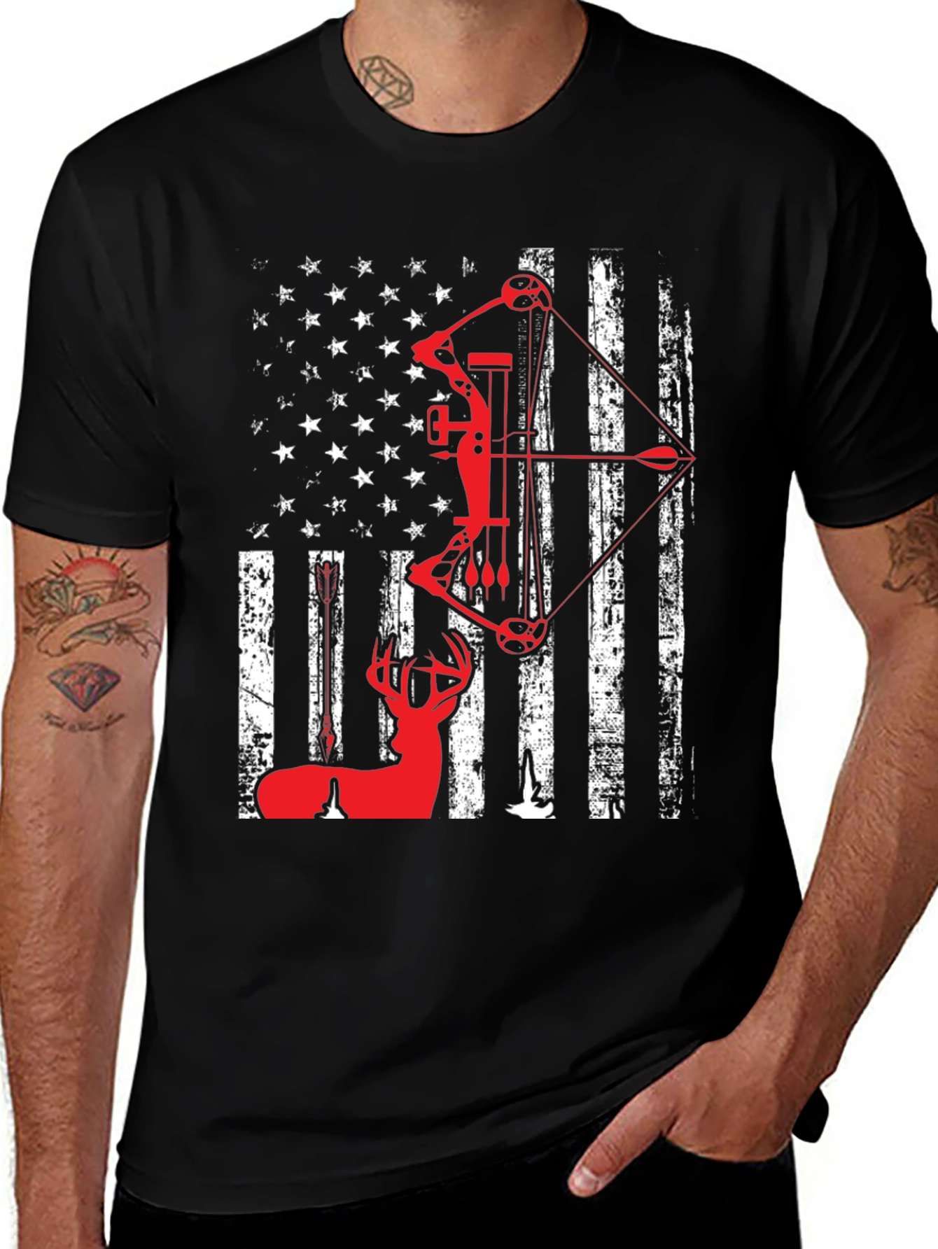 Variant 14 of Patriotic Bow Hunting T-Shirt - Deer and American Flag