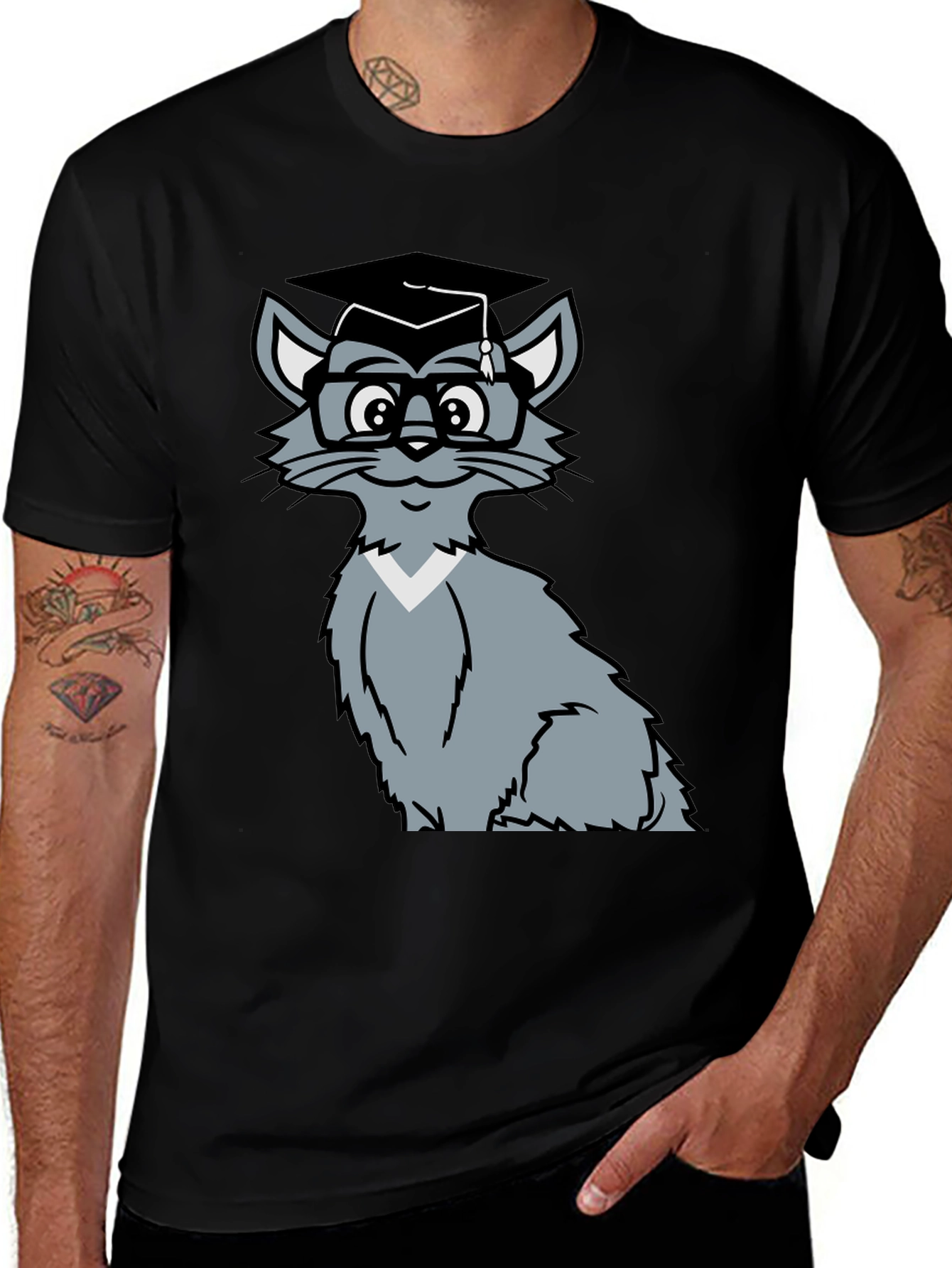 Variant 4 of Smart Cat Graduation T-Shirt - Black Cotton Tee