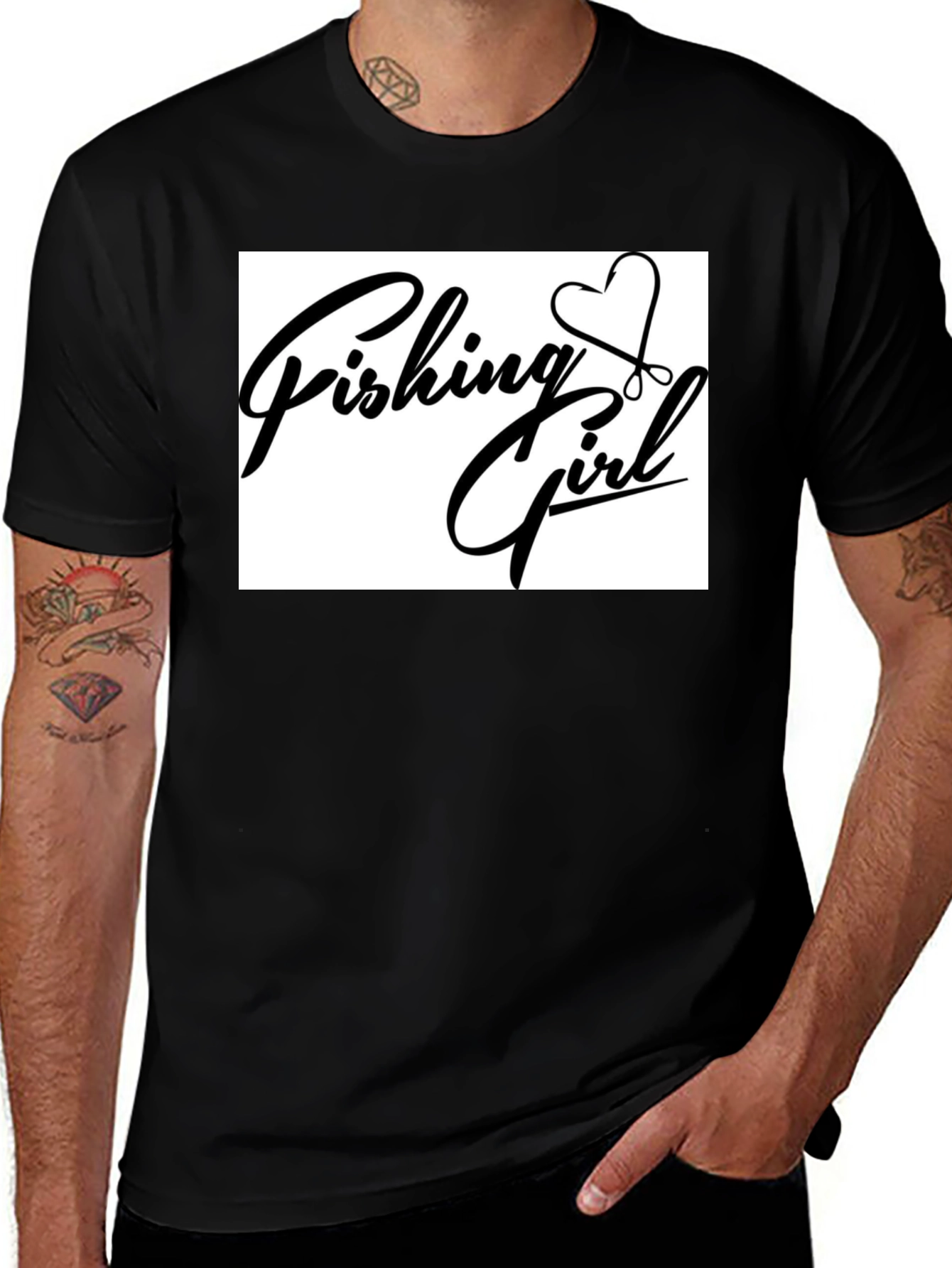 Fishing Girl T-Shirt - Black Crew Neck Tee