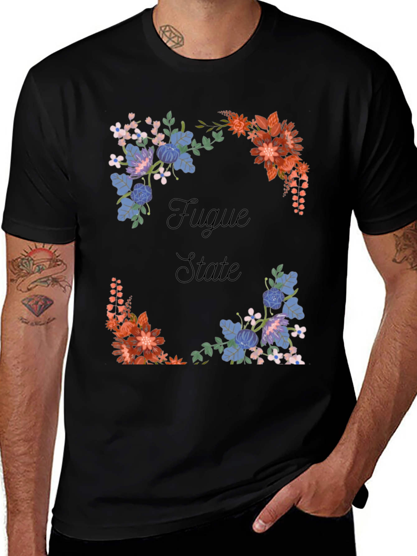 Variant 29 of Fugue State Floral Tee - Unique & Stylish Black T-Shirt