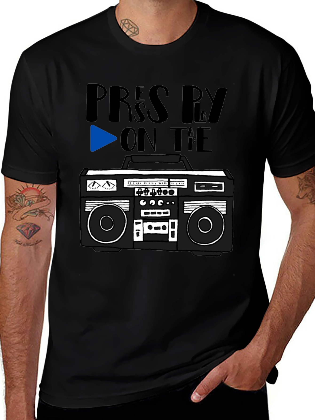 Black Retro Boombox Tee - Press Play On the Tape! main image