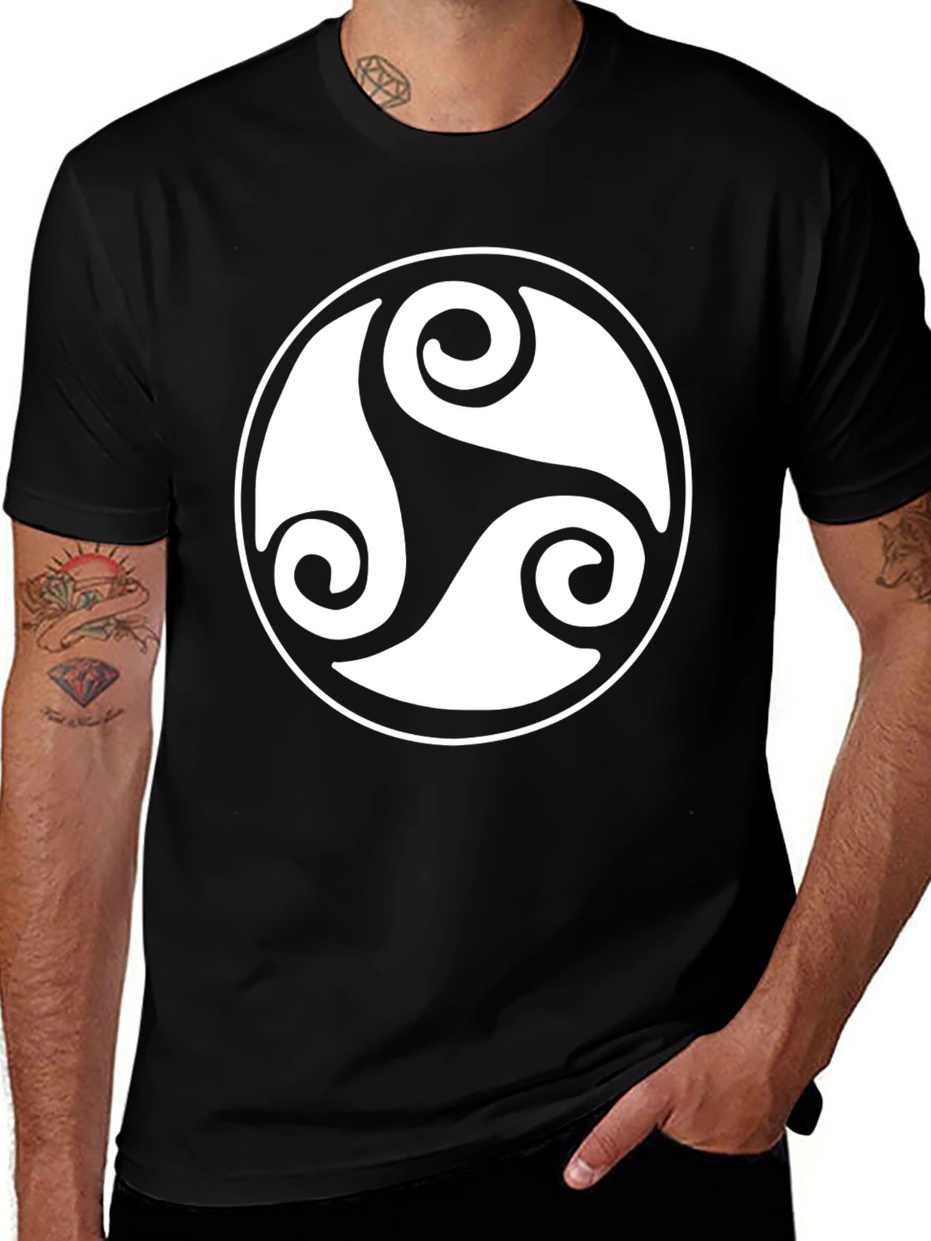Variant 22 of Black T-Shirt with White Celtic Triskele Design