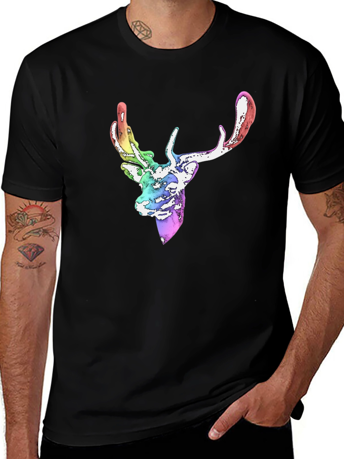 Variant 24 of Rainbow Deer Graphic Tee - Men's Black T-Shirt