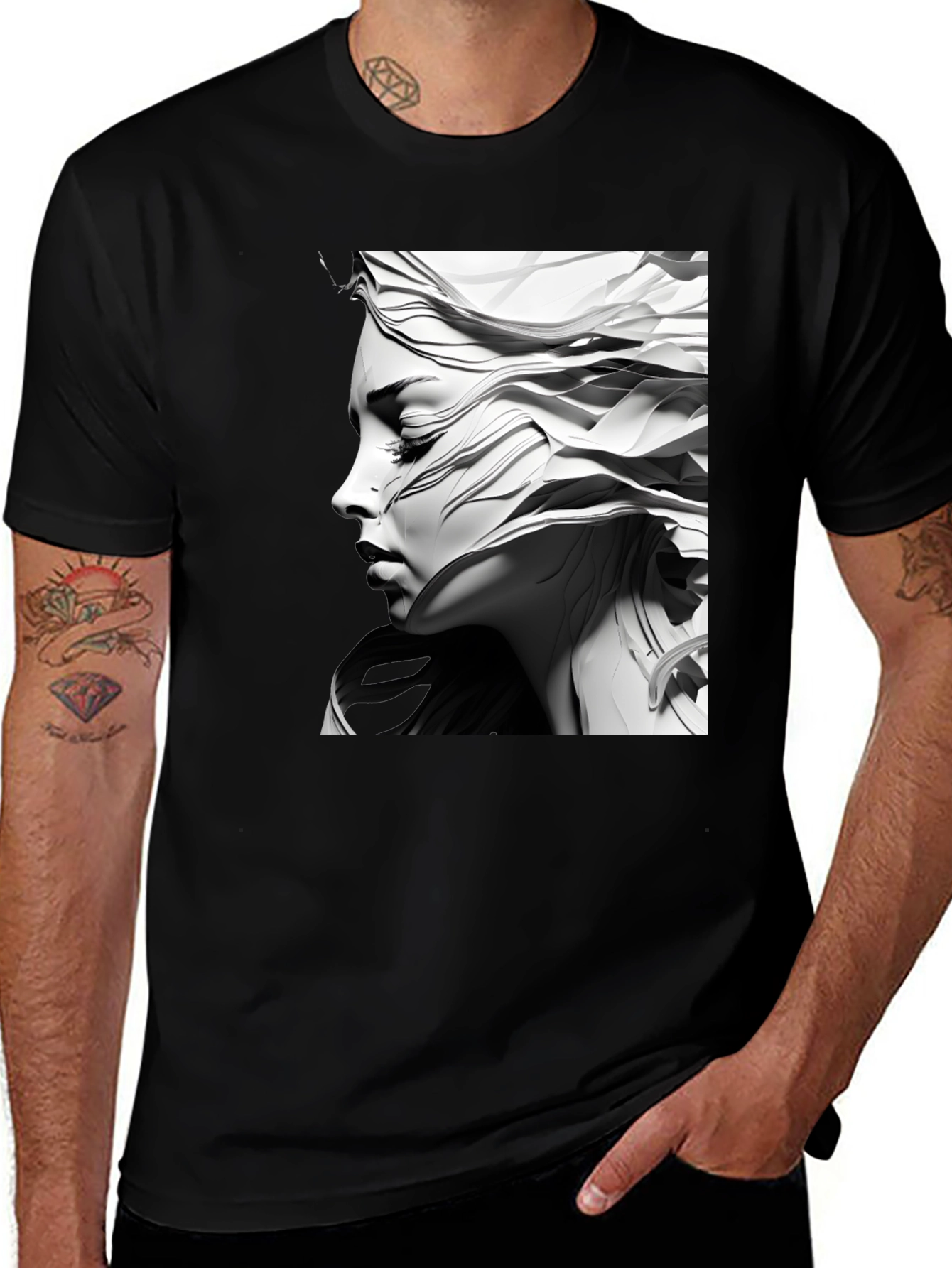 Black Abstract Woman Graphic Tee - Modern Art T-Shirt main image