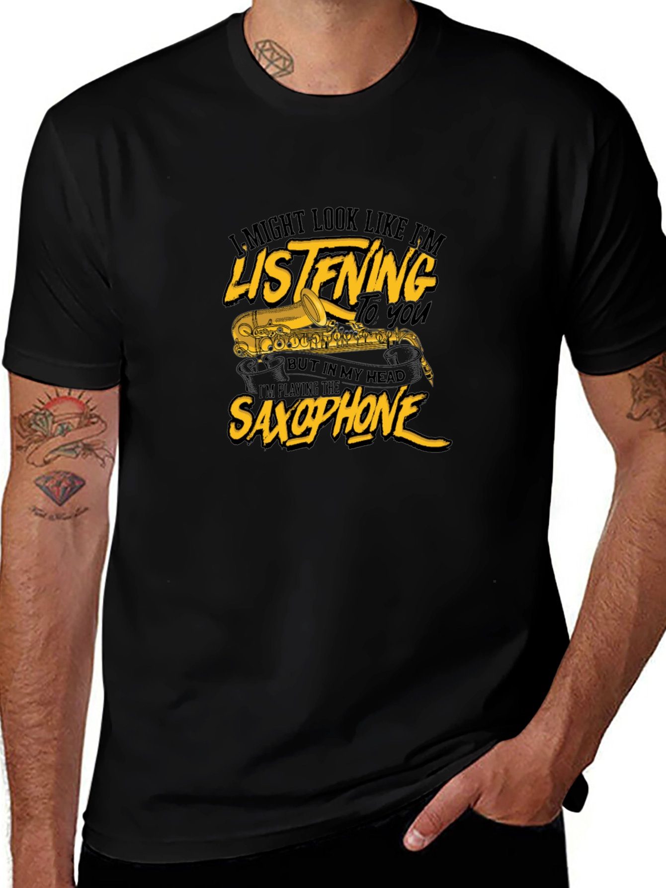 Variant 23 of Saxophone Player T-Shirt - Black Cotton Graphic Tee