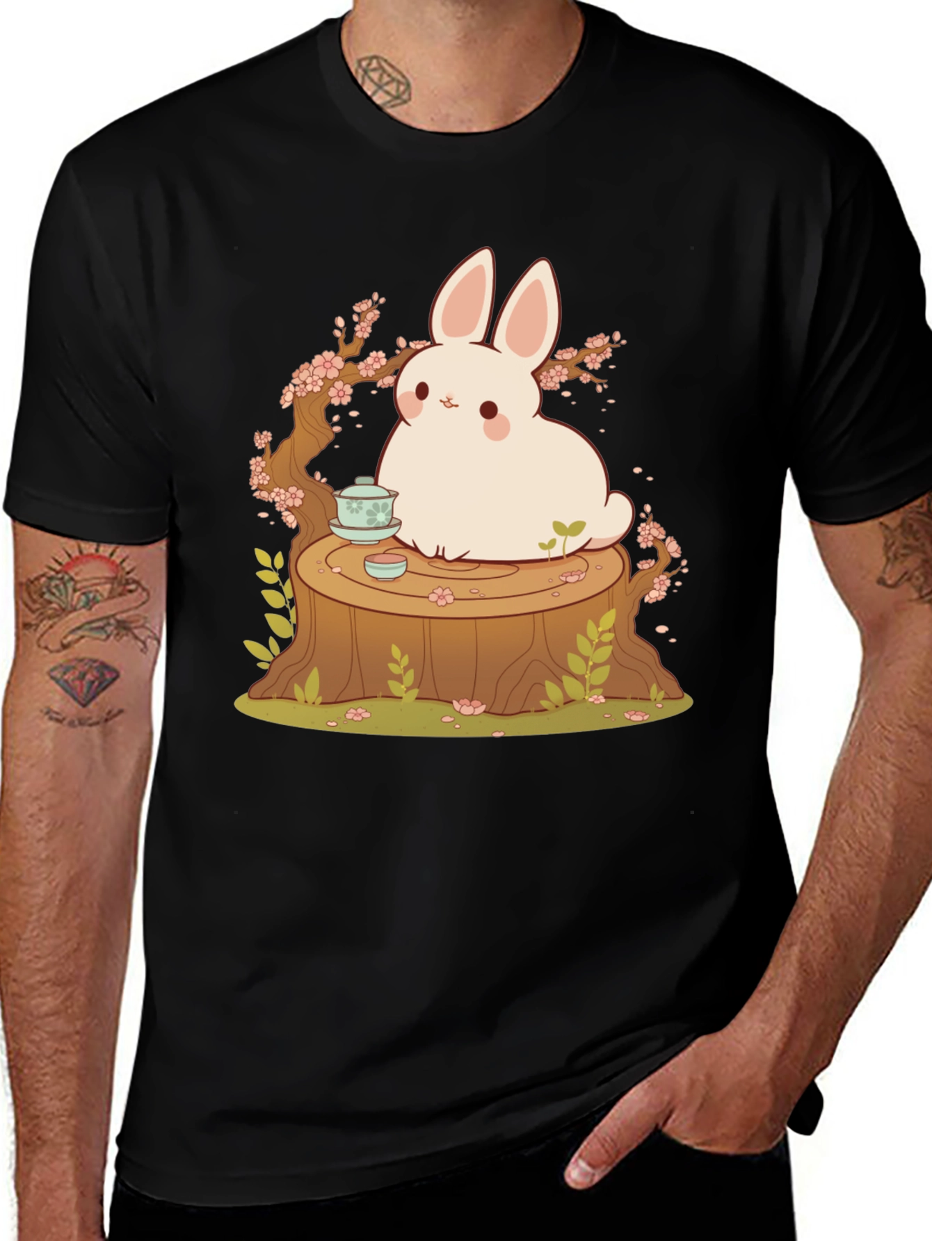 Variant 18 of Cute Bunny and Tea Tree Stump Black T-Shirt