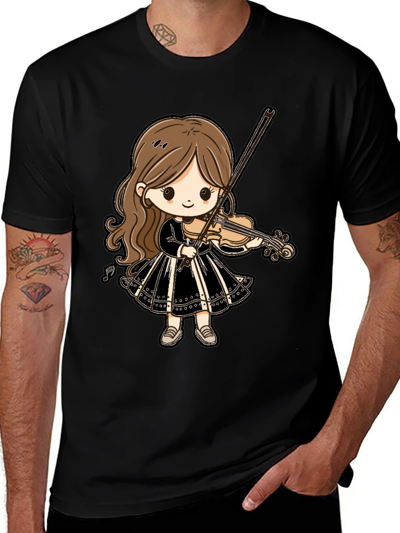 Variant 17 of Cute Violin Girl Graphic Tee - Black Cotton T-Shirt