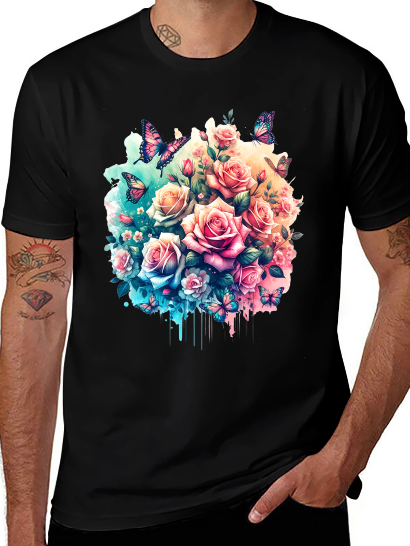 Variant 12 of Floral Rose and Butterfly Graphic Print Men's Black T-Shirt