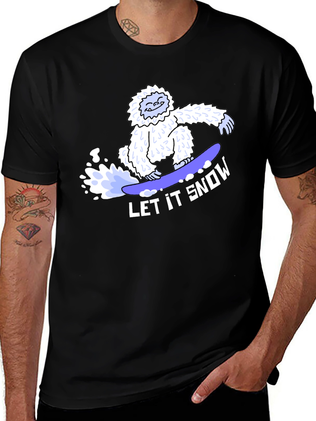 Variant 19 of Let it Snow Bigfoot Snowboarding Graphic Tee - Black