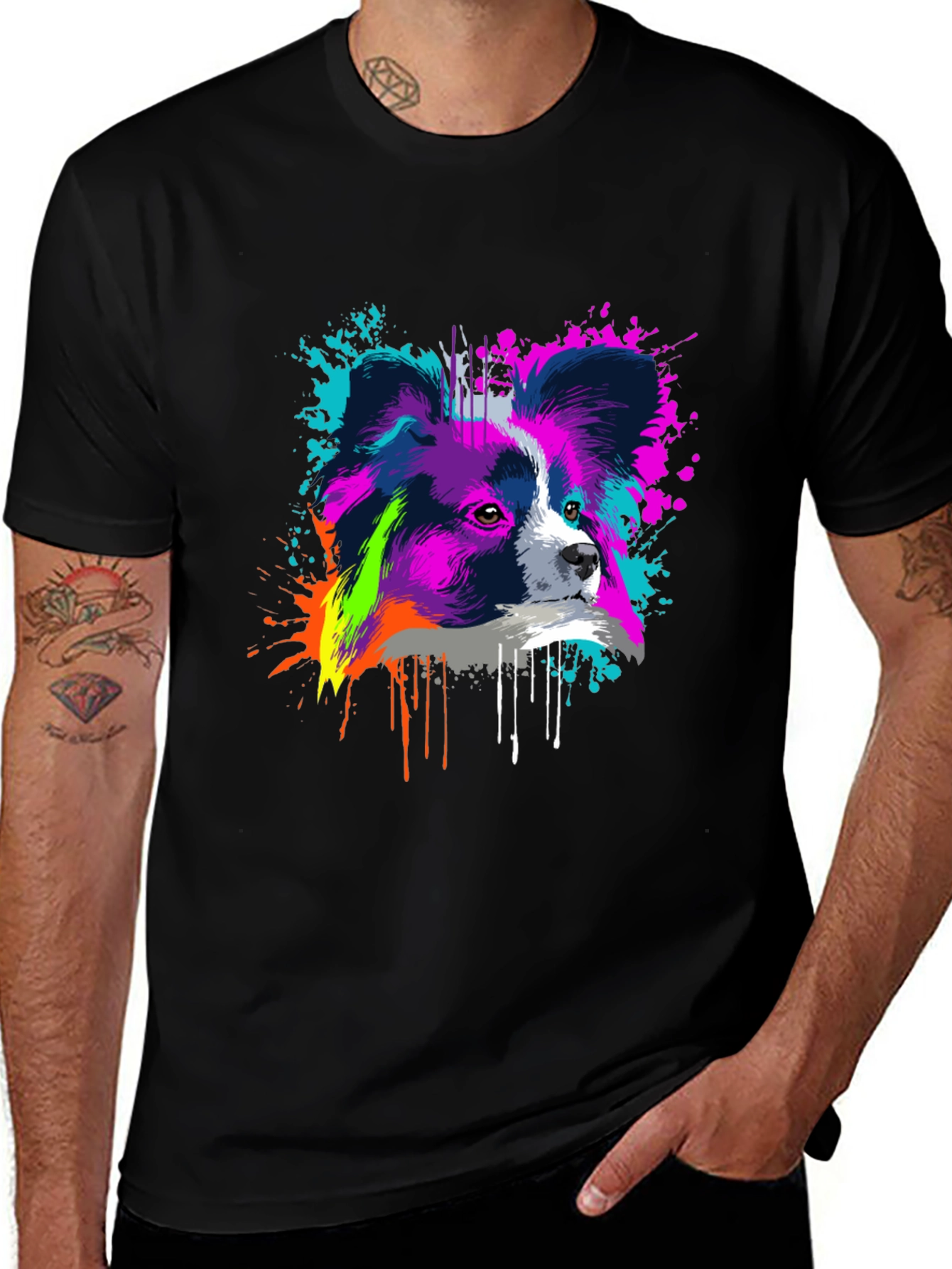 Variant 16 of Vivid Papillon Dog Print Black T-Shirt