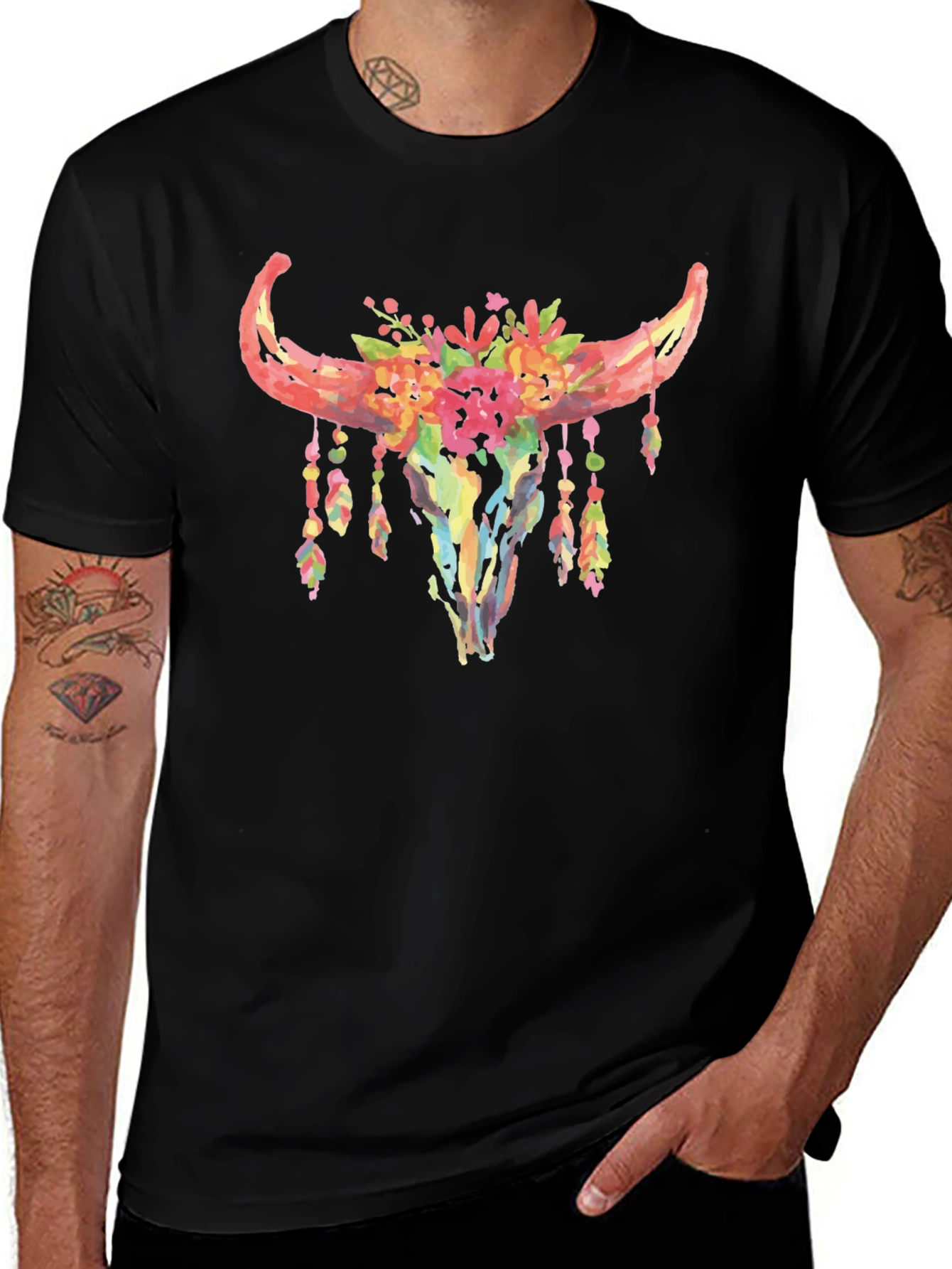 Black Floral Bull Skull Graphic T-Shirt main image