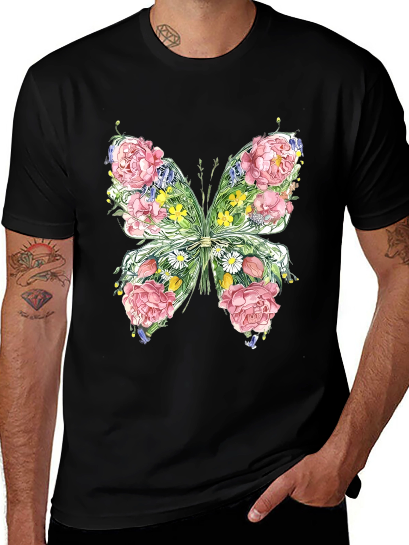 Variant 8 of Floral Butterfly Graphic Tee - Soft Black Cotton Shirt