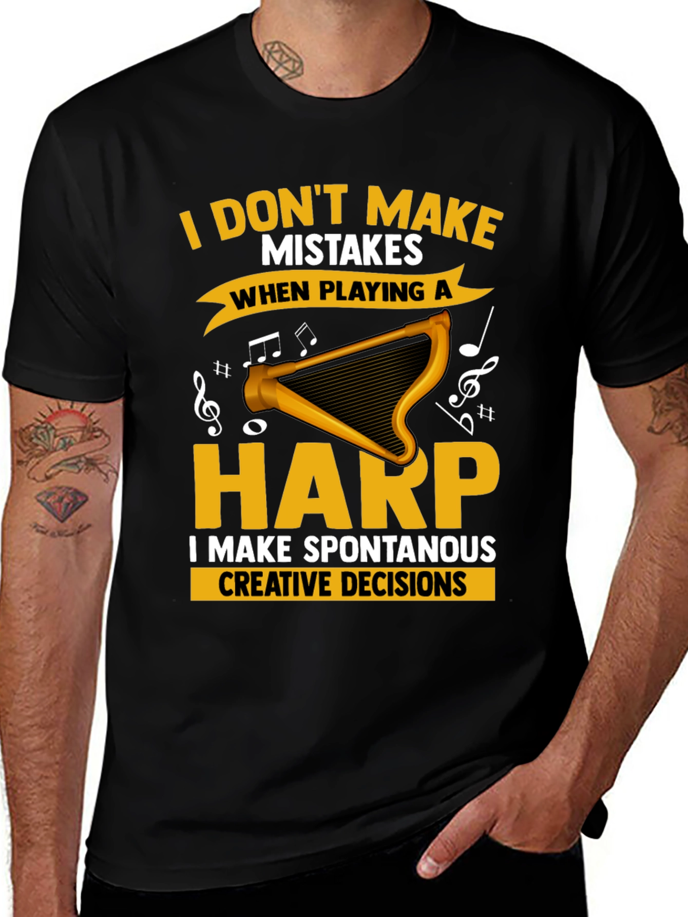 Black Funny Harp Player T-Shirt - No Mistakes, Creative Decisions main image