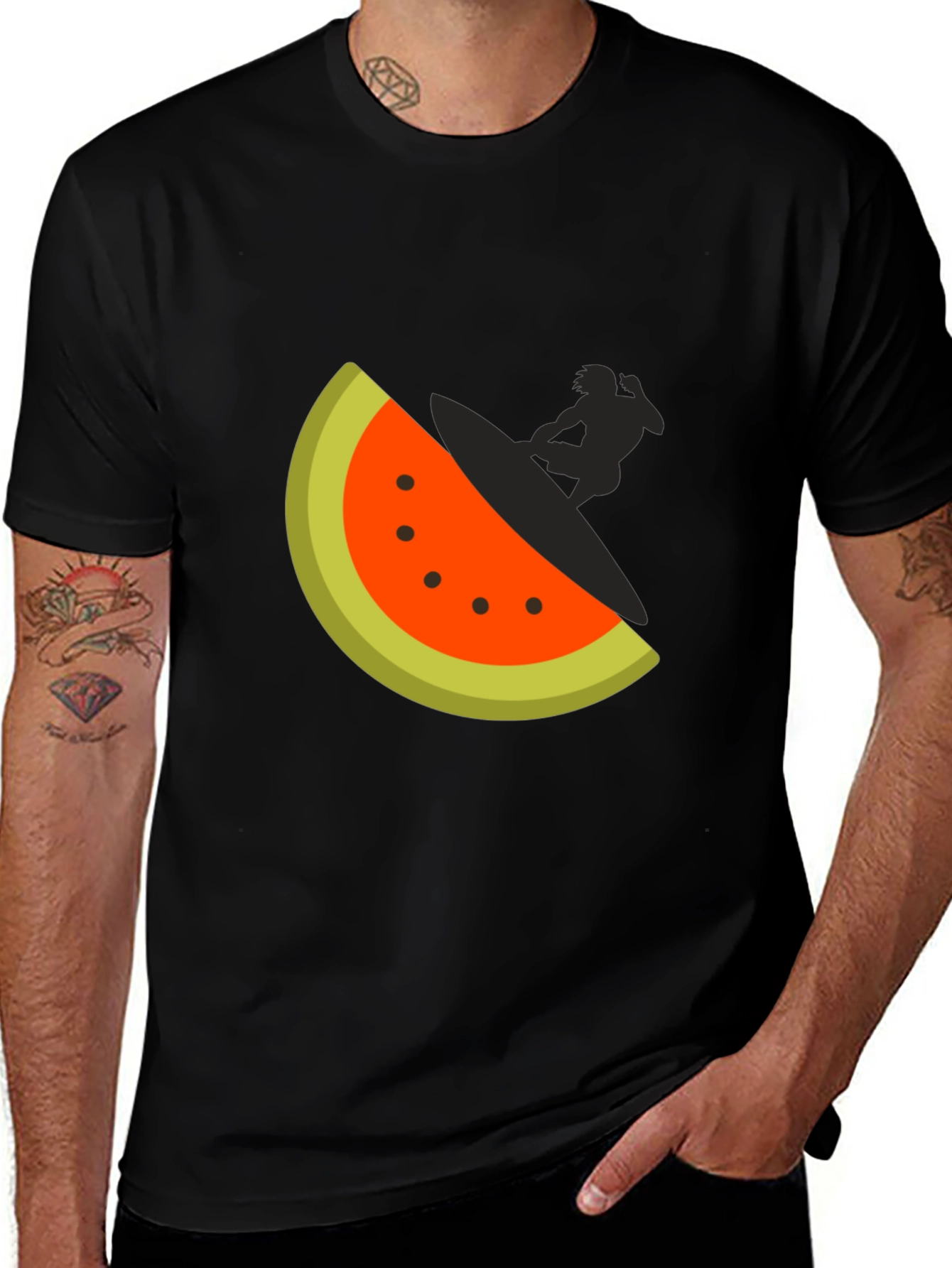 Variant 5 of Surfing Watermelon Graphic Tee - Black Cotton T-Shirt