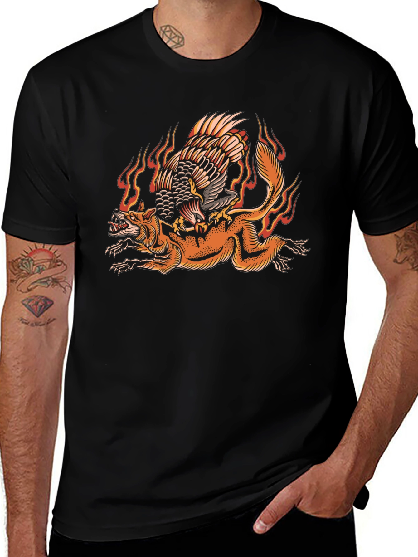 Variant 4 of Fiery Eagle & Fox Graphic Tee - Black