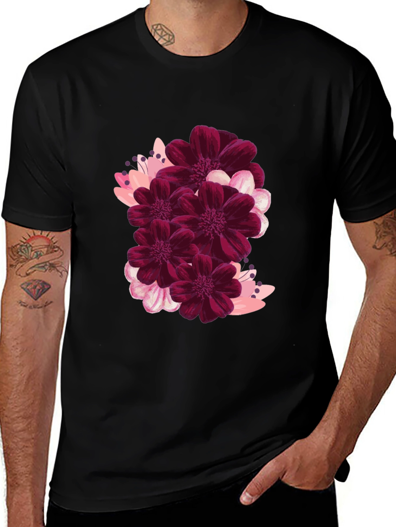Variant 21 of Floral Print Black T-Shirt - Stylish Casual Wear