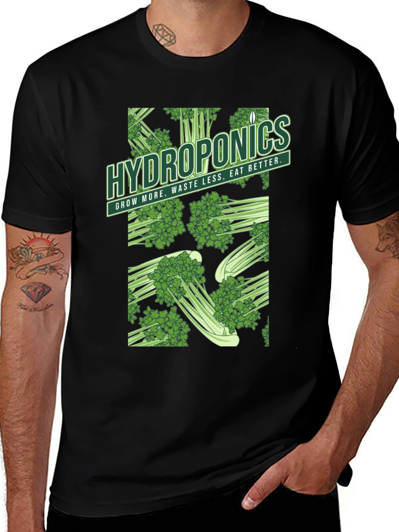 Variant 7 of Hydroponics Celery Print Black T-Shirt