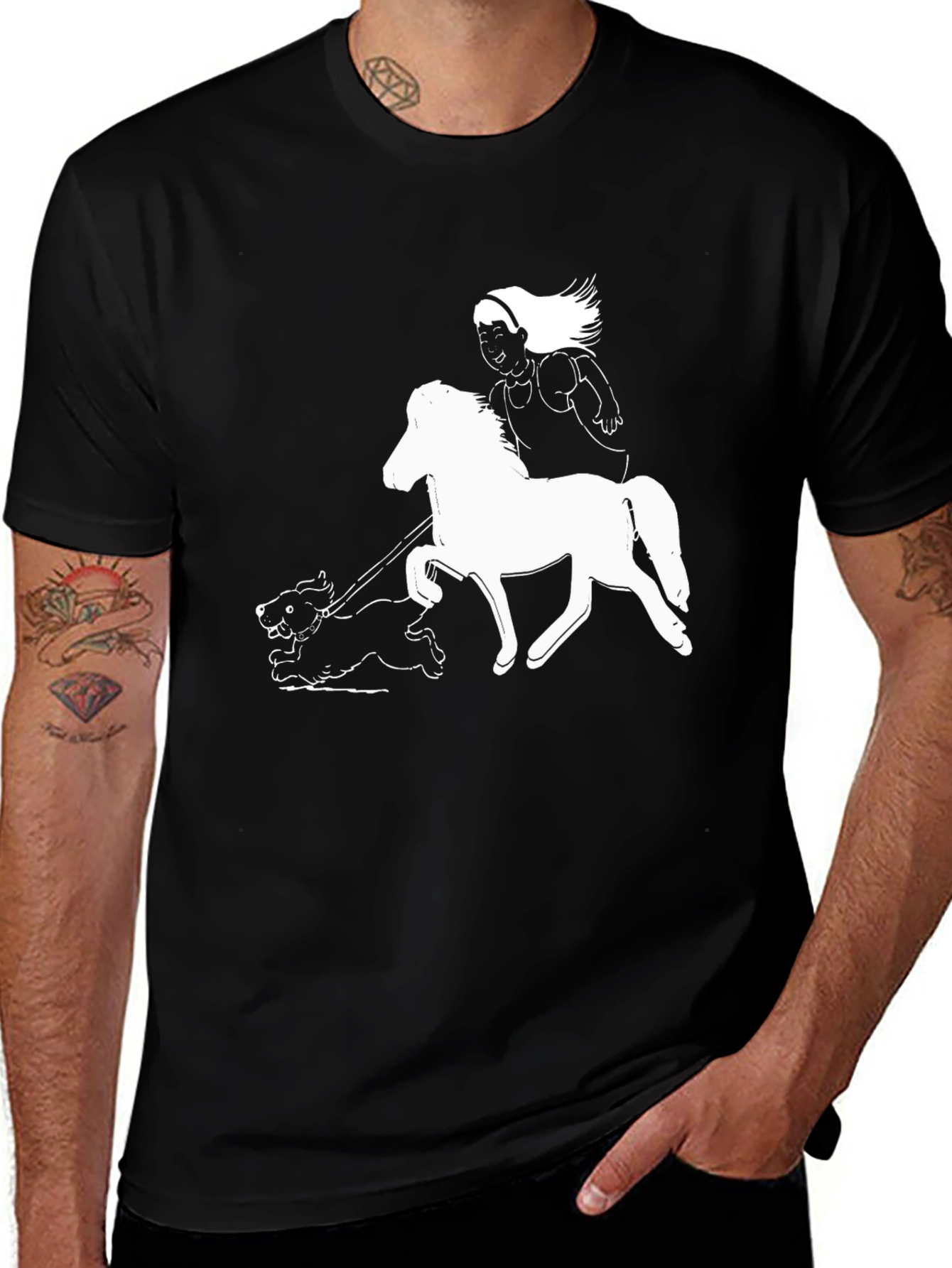 Black Horse & Dog Tee - Fun Graphic Print on Black Shirt main image