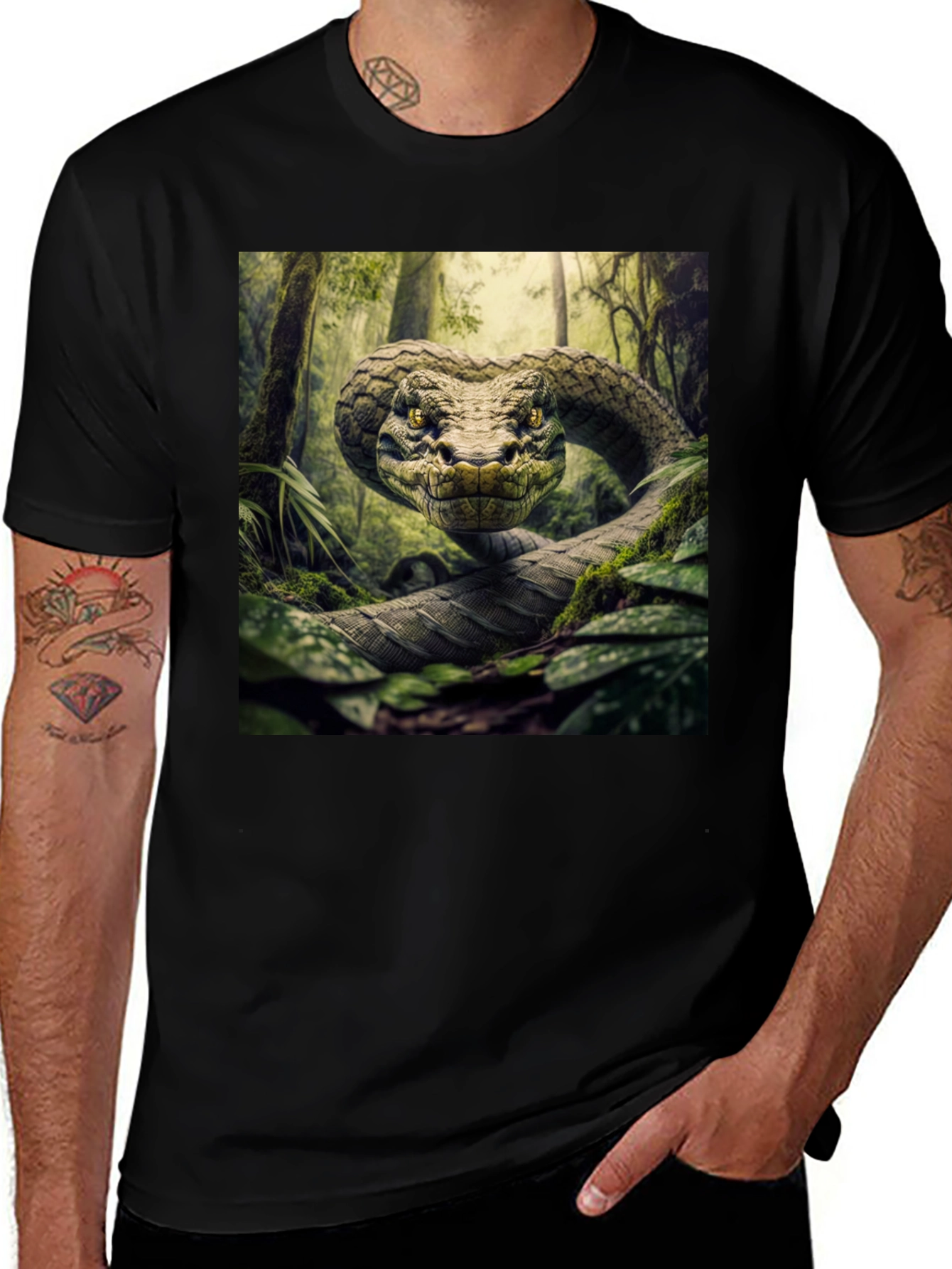 Variant 11 of Men's Black T-Shirt with Jungle Snake Print