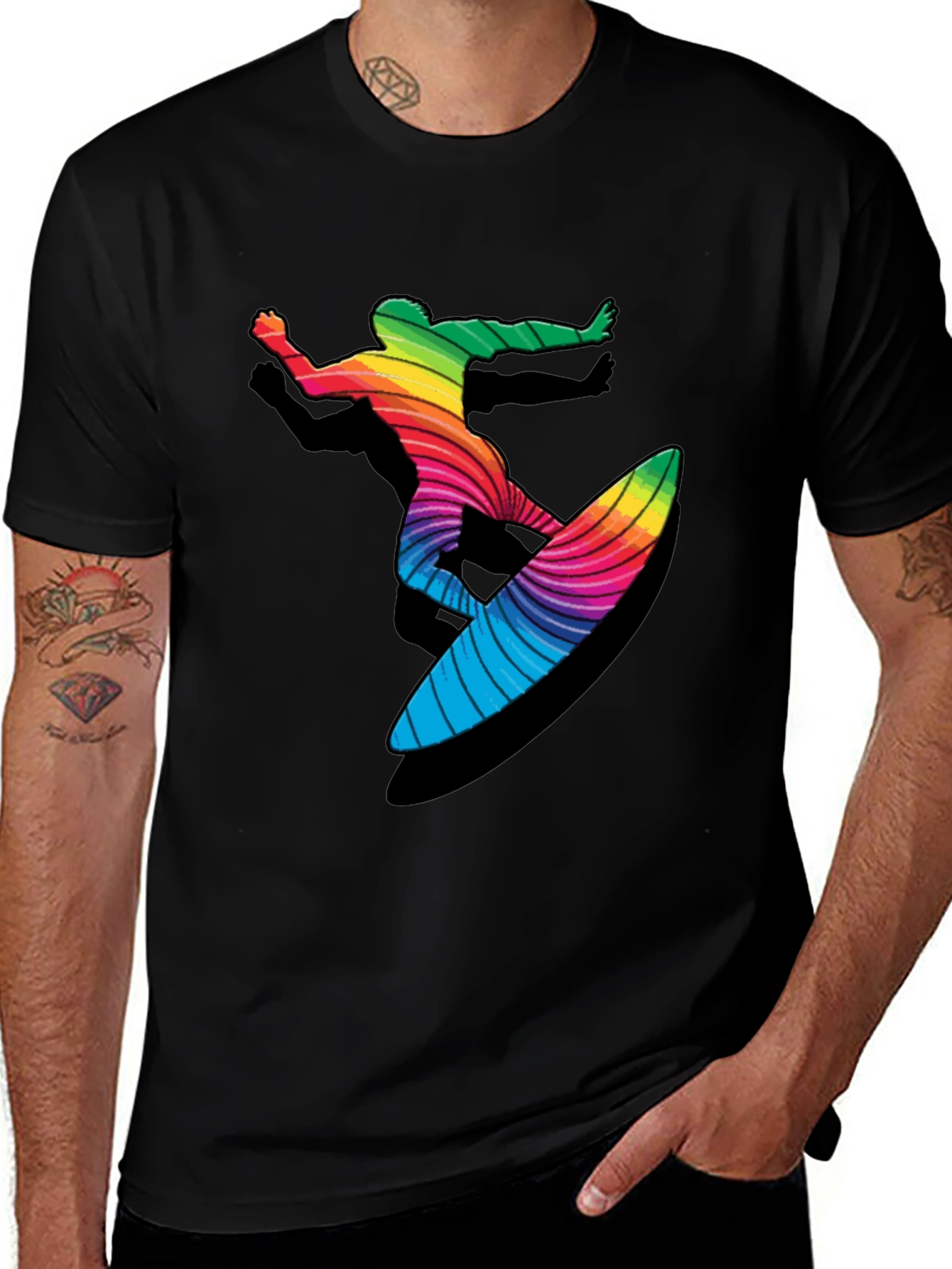 Black Rainbow Surfer Graphic Tee - Black Cotton T-Shirt main image