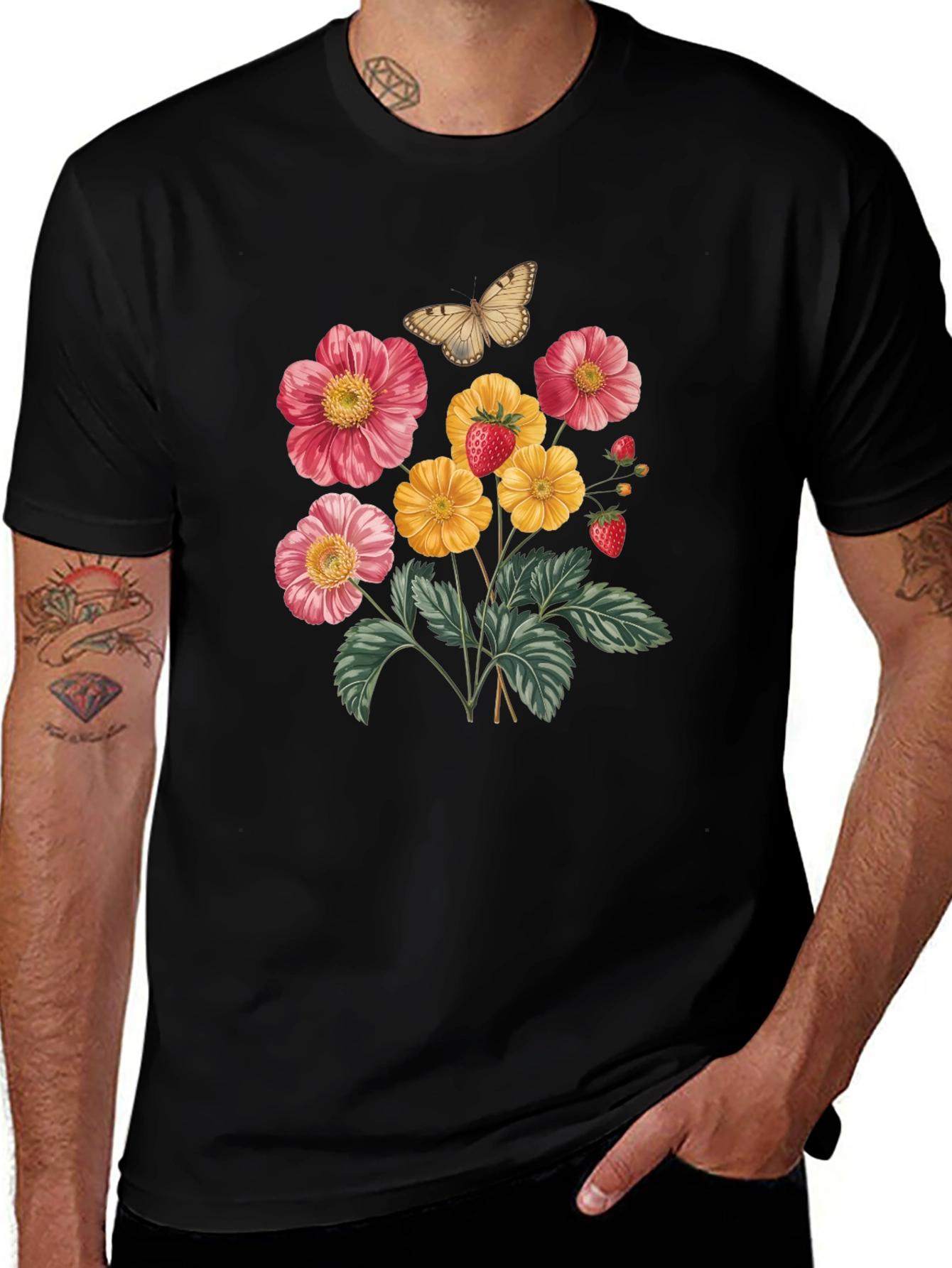 Variant 18 of Floral & Butterfly Print Black T-Shirt