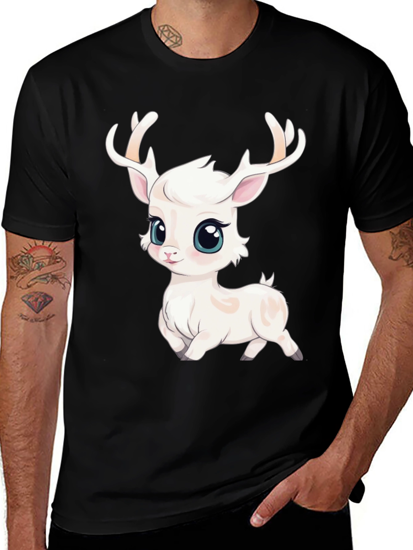 Variant 7 of Cute Deer Graphic Tee - Black Cotton Blend Shirt