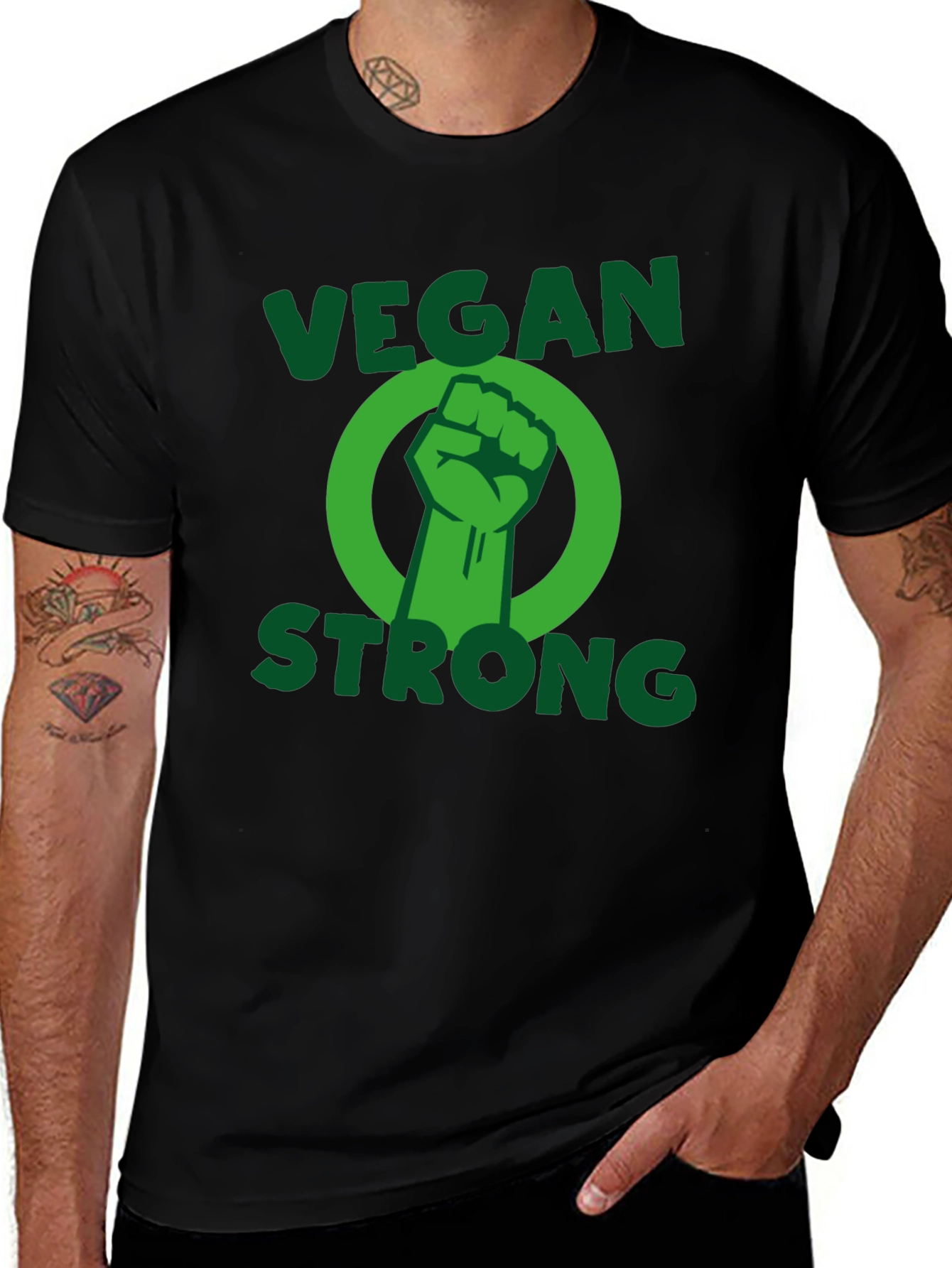 Variant 18 of Vegan Strong Black T-Shirt, Green Graphic