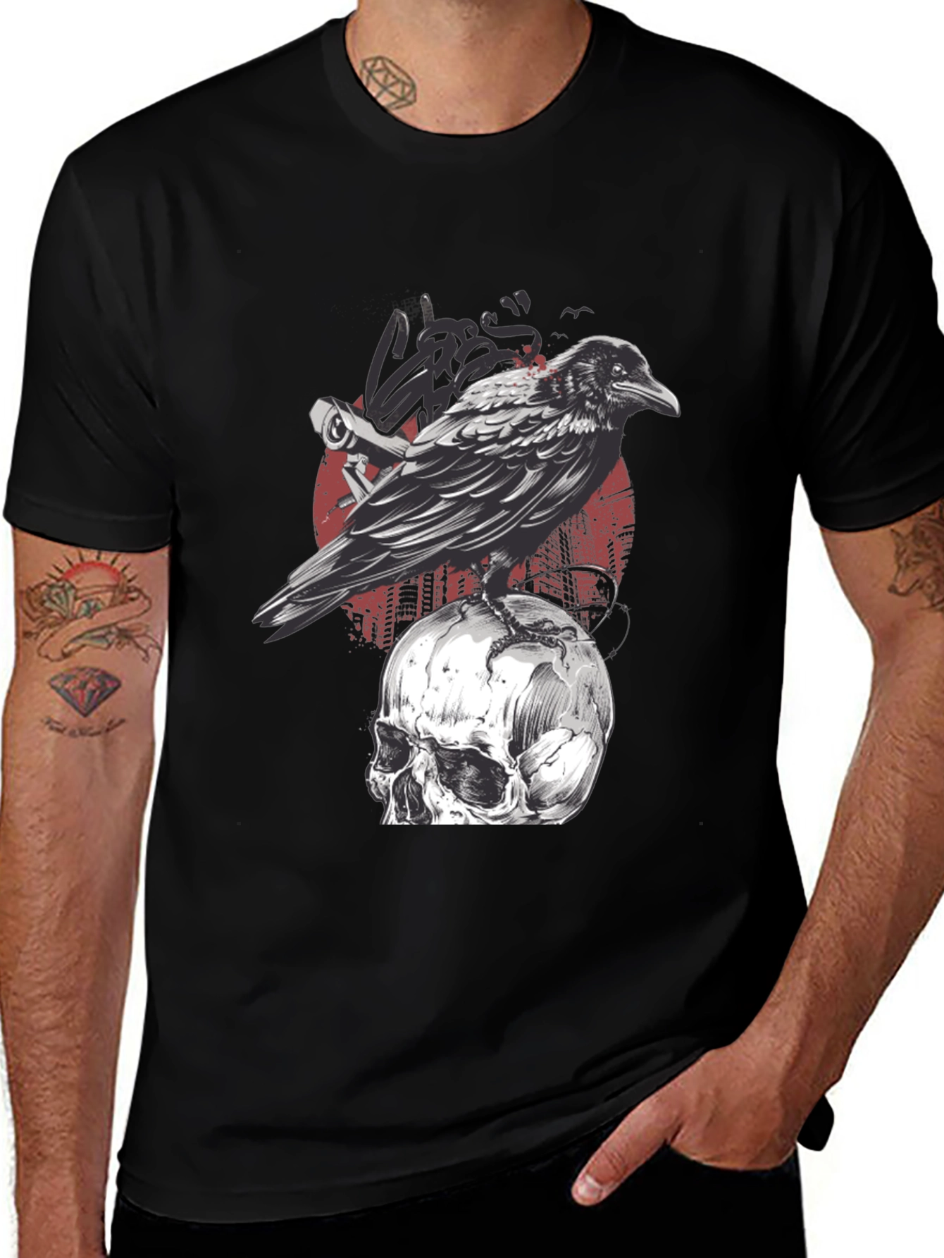 Variant 17 of Raven and Skull Graphic Tee - Dark Style