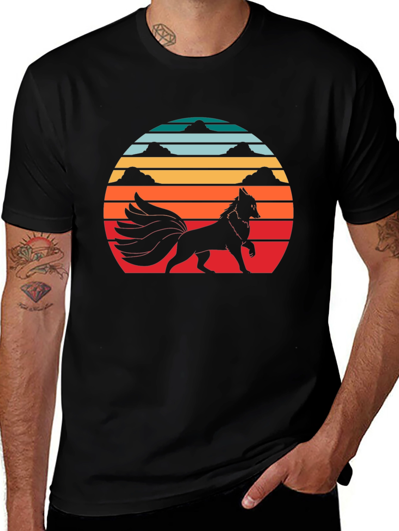 Variant 27 of Nine-Tailed Fox Sunset Graphic Tee - Retro Style