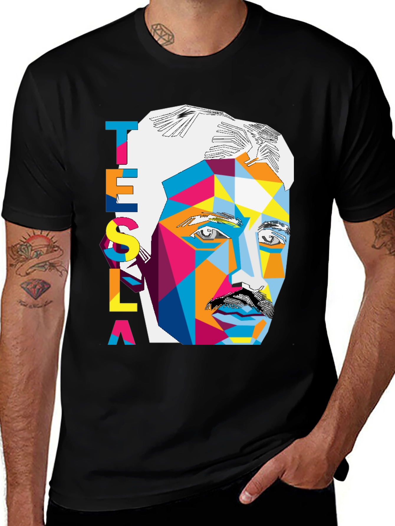 Tesla Geometric Portrait Black T-Shirt