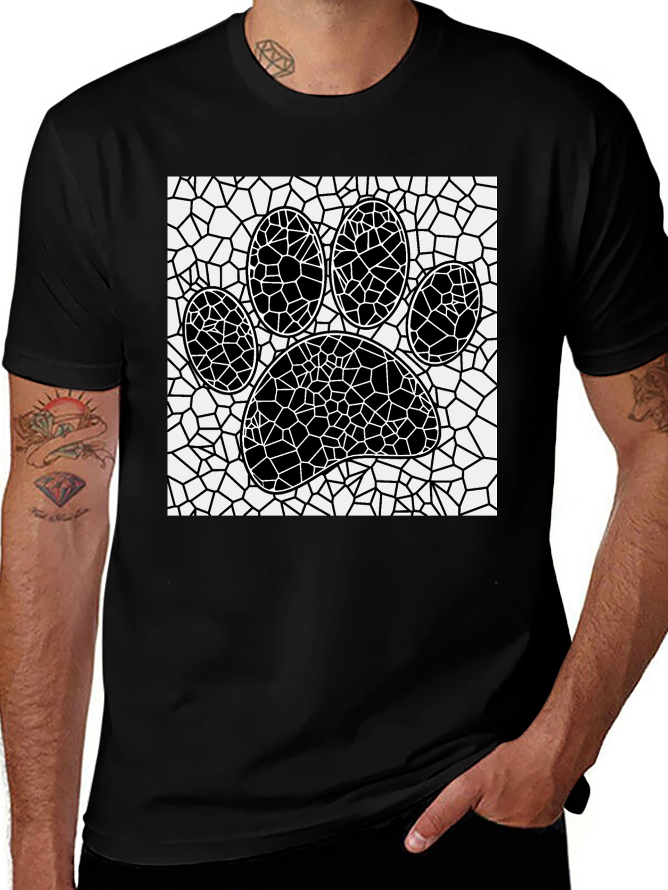 Paw Print Mosaic Graphic Tee - Black Cotton Casual Shirt