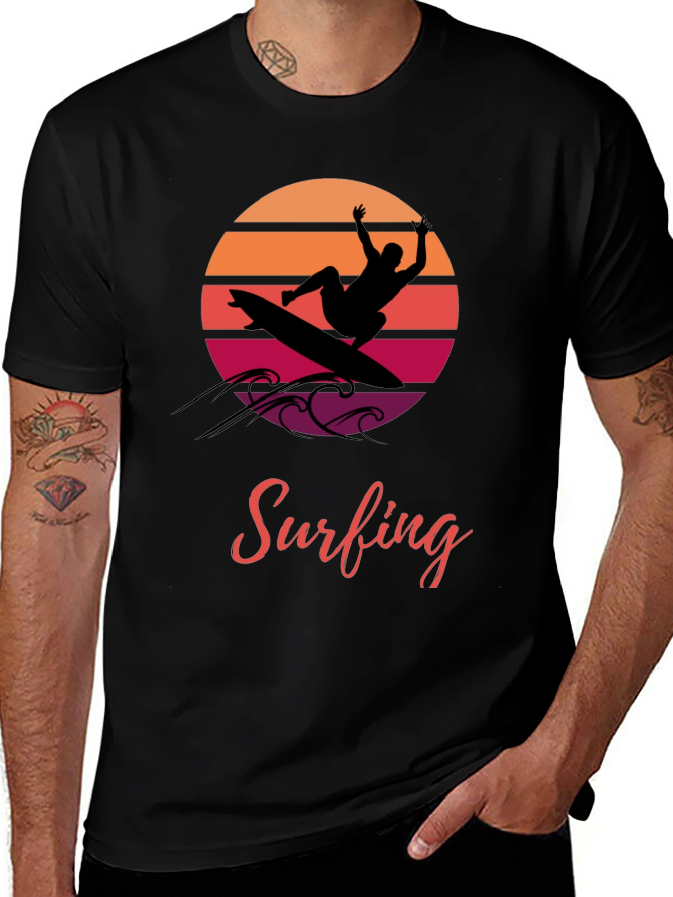 Variant 13 of Surfing Silhouette T-Shirt - Retro Sunset Design