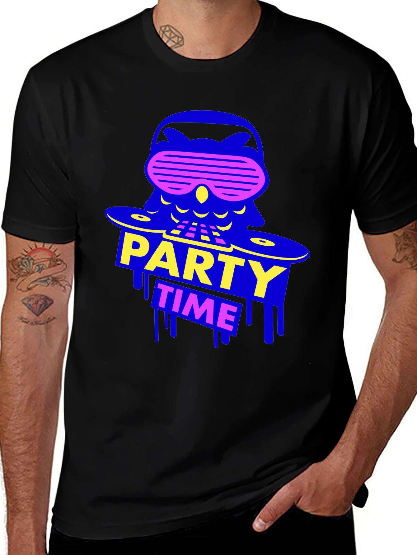 Variant 19 of Party Time Owl Graphic Tee - Black Crew Neck