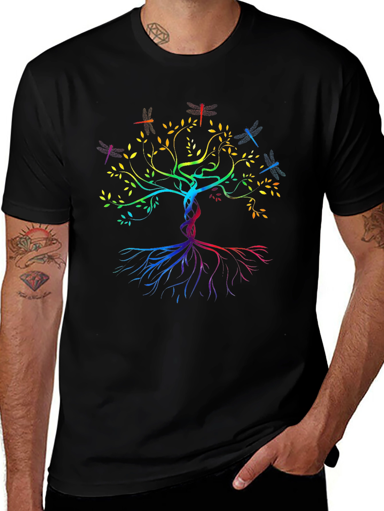 Rainbow Tree of Life Dragonfly Graphic T-Shirt