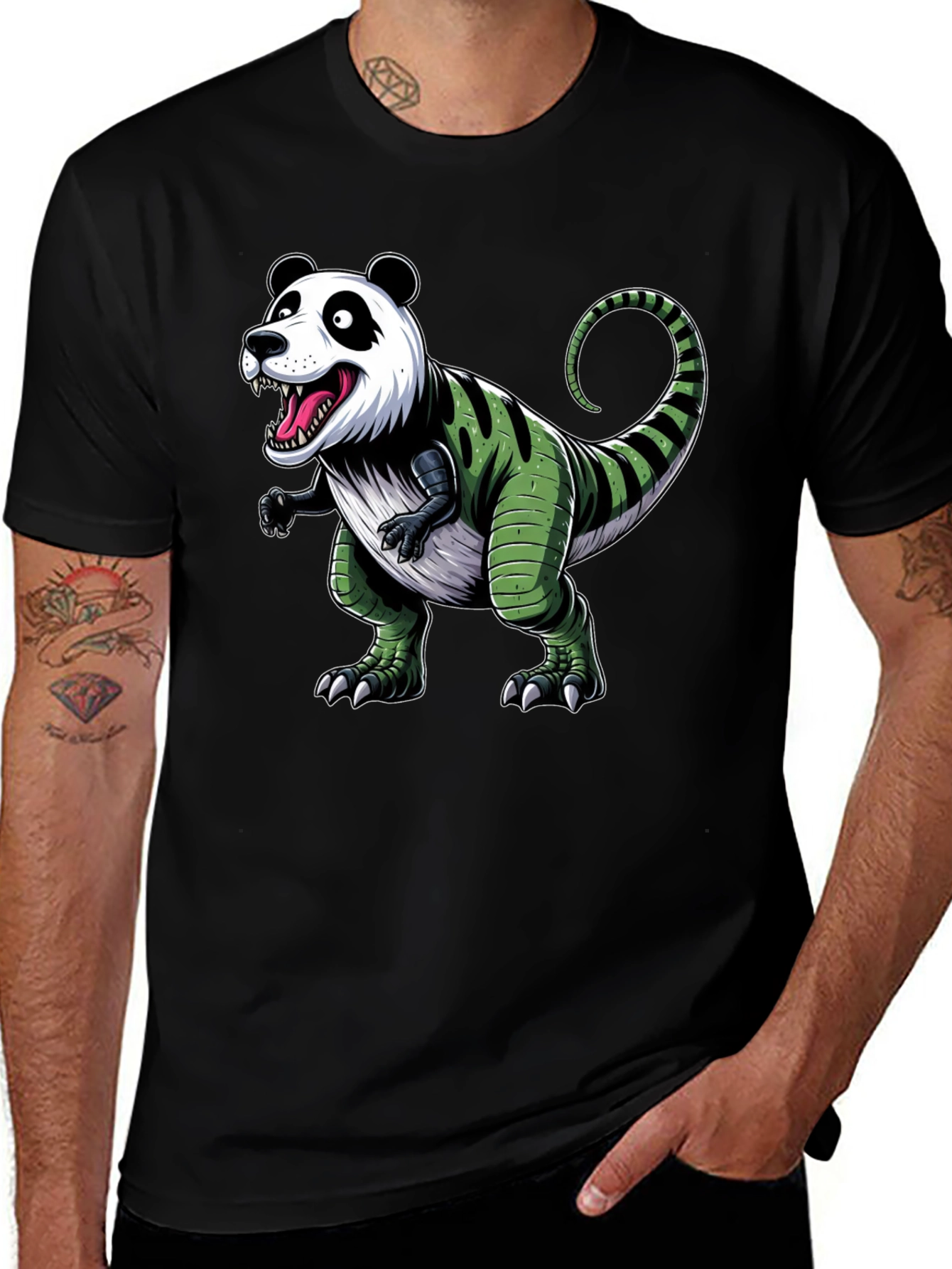 Variant 28 of Panda Dinosaur Graphic Tee - Men's Black T-Shirt