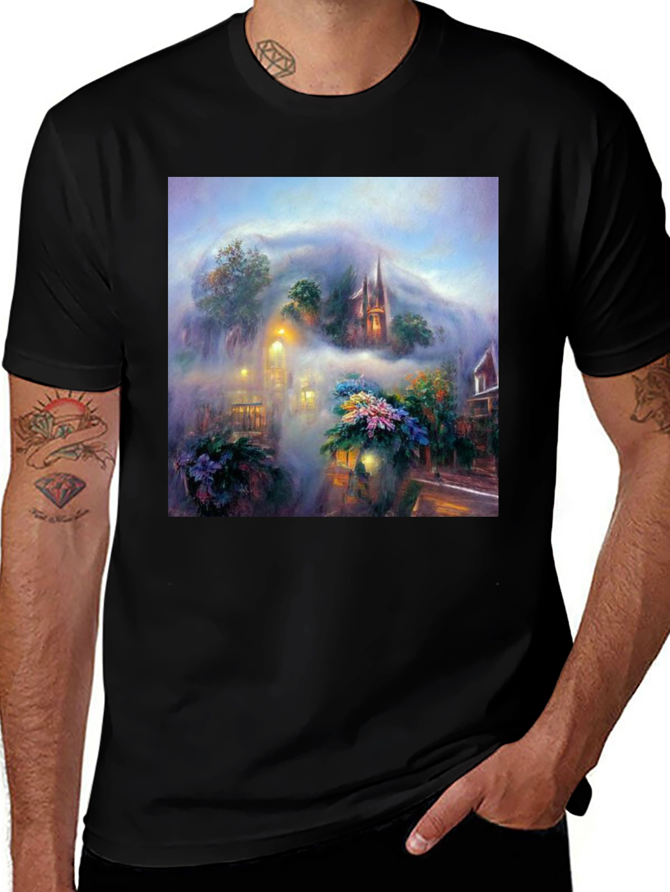 Variant 21 of Artistic Misty Town T-Shirt - Dreamscape Design