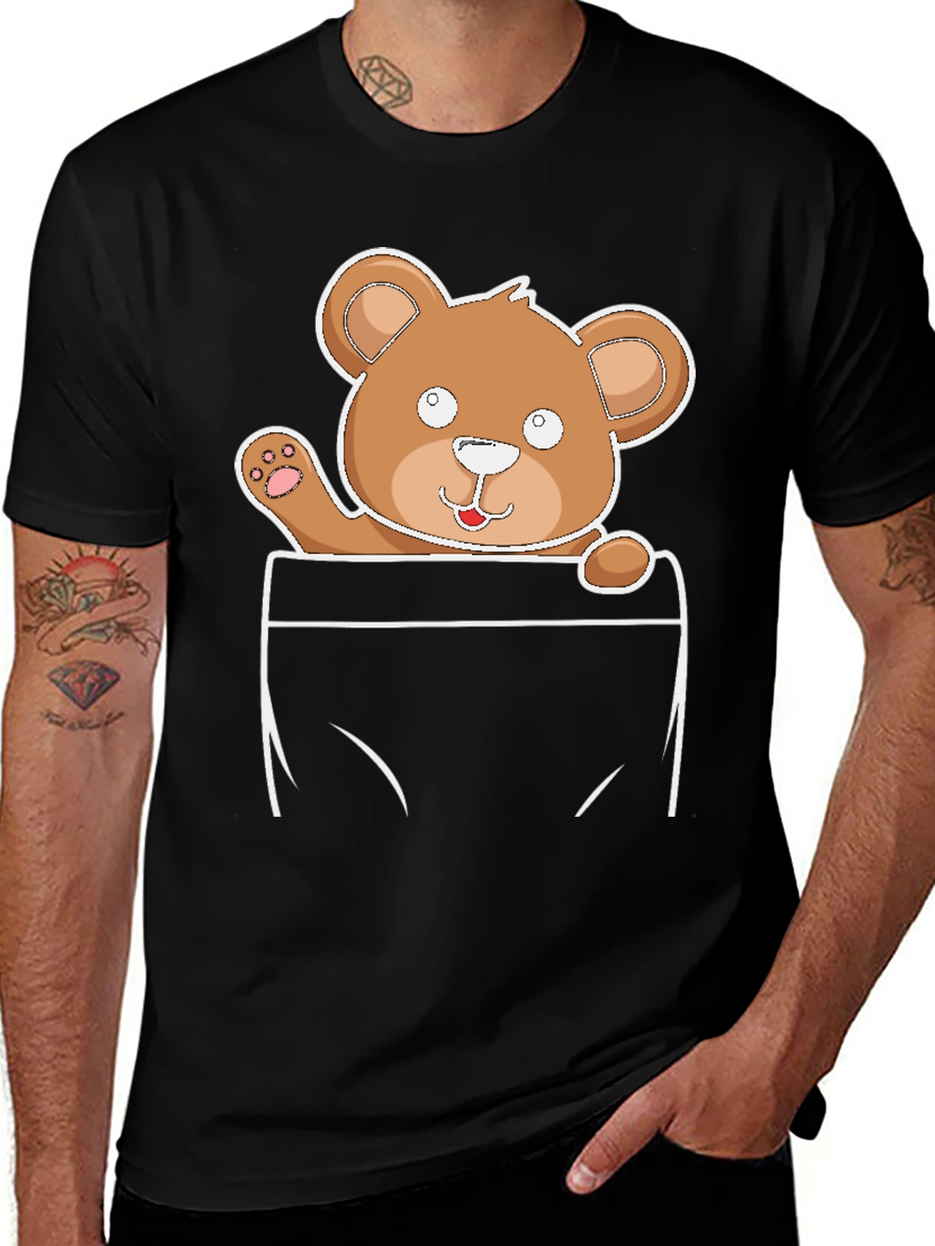 Variant 14 of Cute Teddy Bear Pocket Print Black T-Shirt