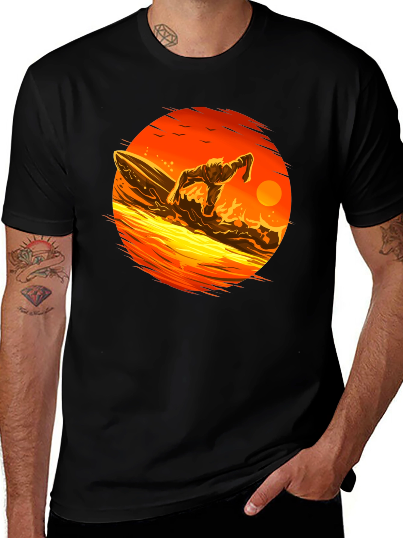 Variant 3 of Surfer Sunset Graphic Tee - Black Cotton T-Shirt